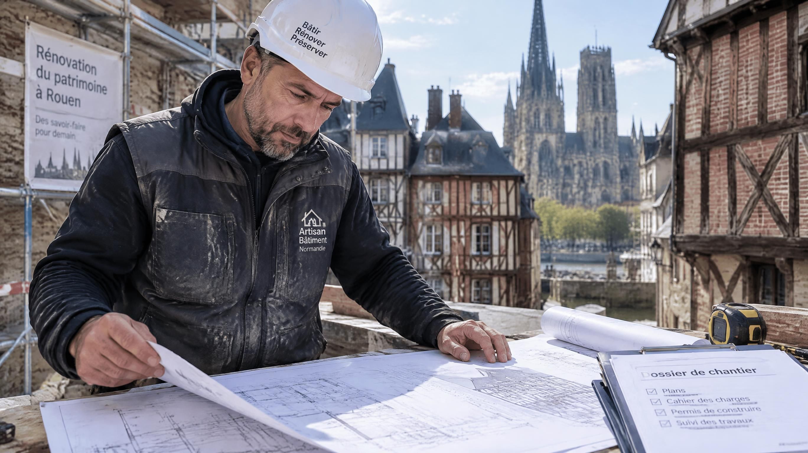 Artisan du bâtiment sur un chantier de rénovation souscrivant une assurance décennale à Rouen avec AGC Assurances