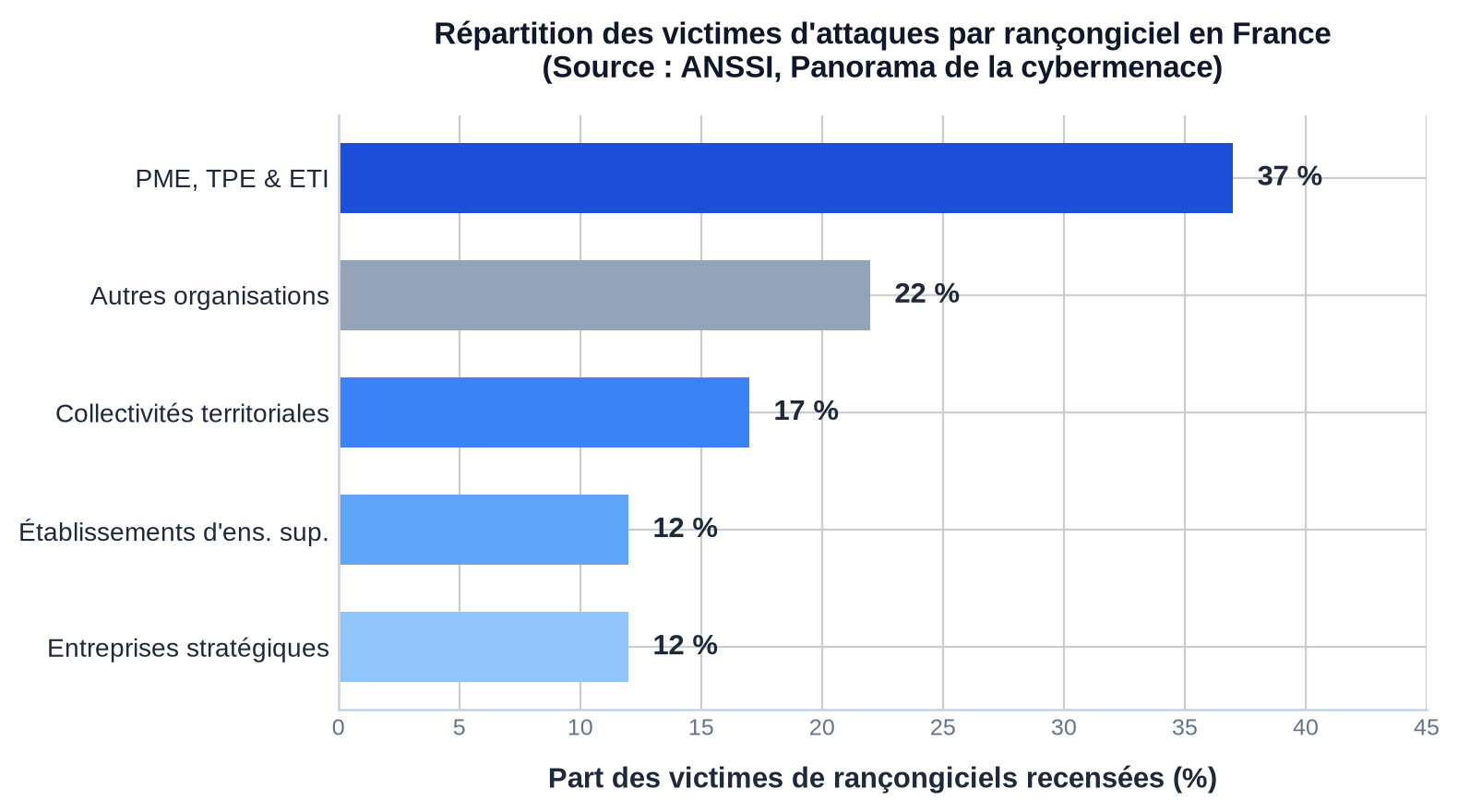 Graphique de la répartition des victimes d'attaques par rançongiciel traitées par l'ANSSI soulignant l'exposition des PME