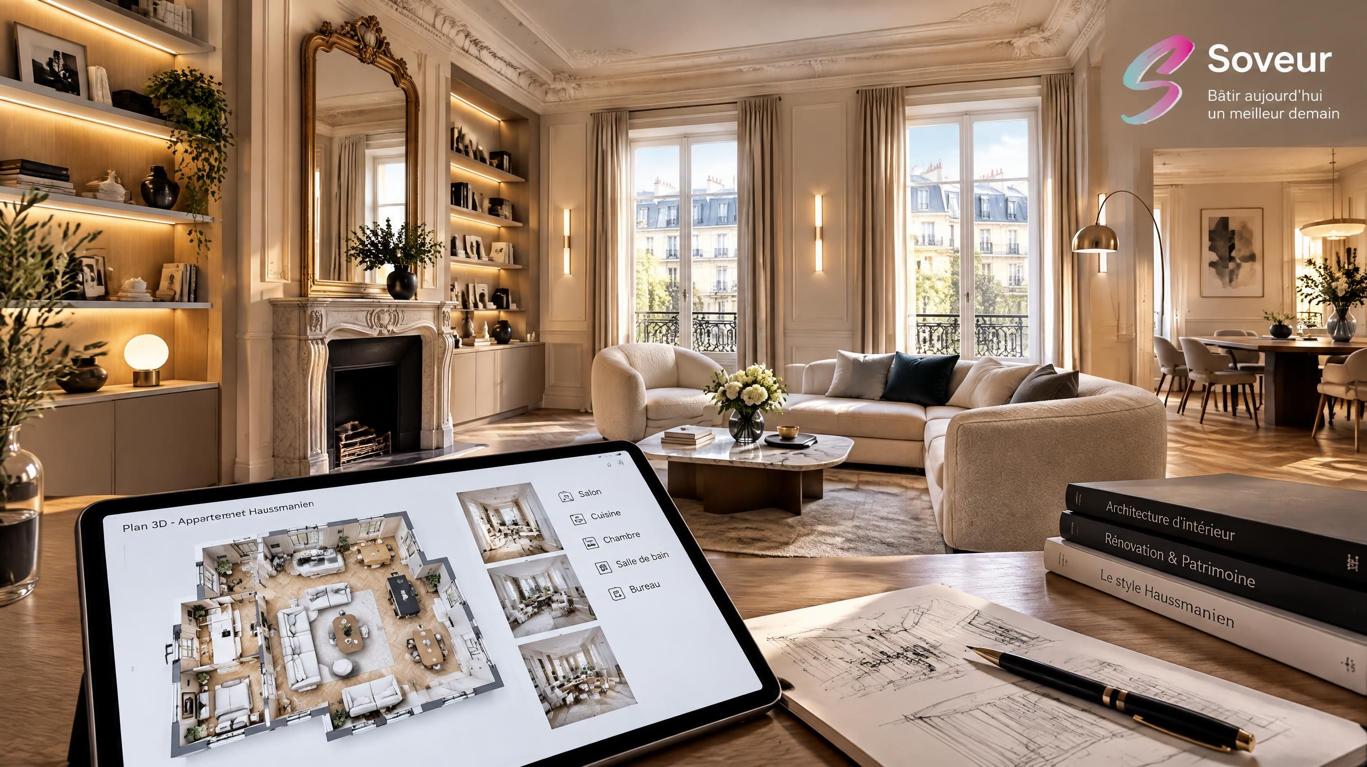 Projet contemporain d'aménagement intérieur et plan architectural 3D valorisé par la technologie Soveur