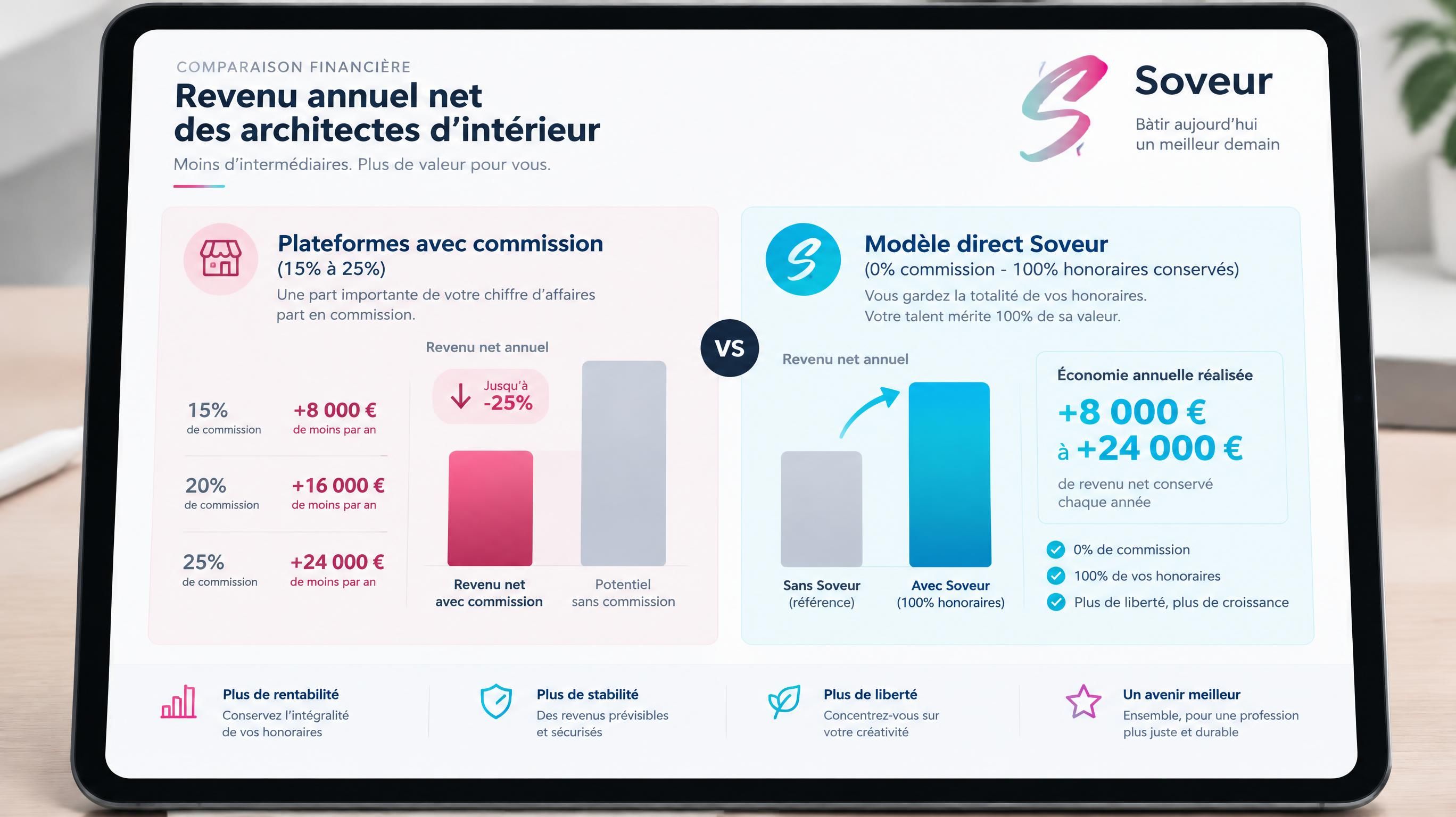 Graphique comparatif des revenus nets conservés par un architecte d'intérieur : plateformes à commission versus modèle Soveur 0% commission