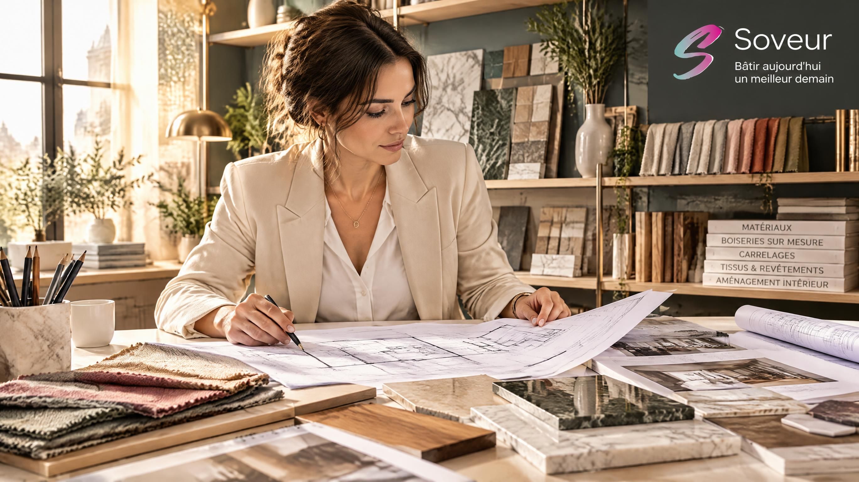 Architecte d'intérieur professionnelle examinant des plans d'exécution et des échantillons de matières nobles en studio Soveur