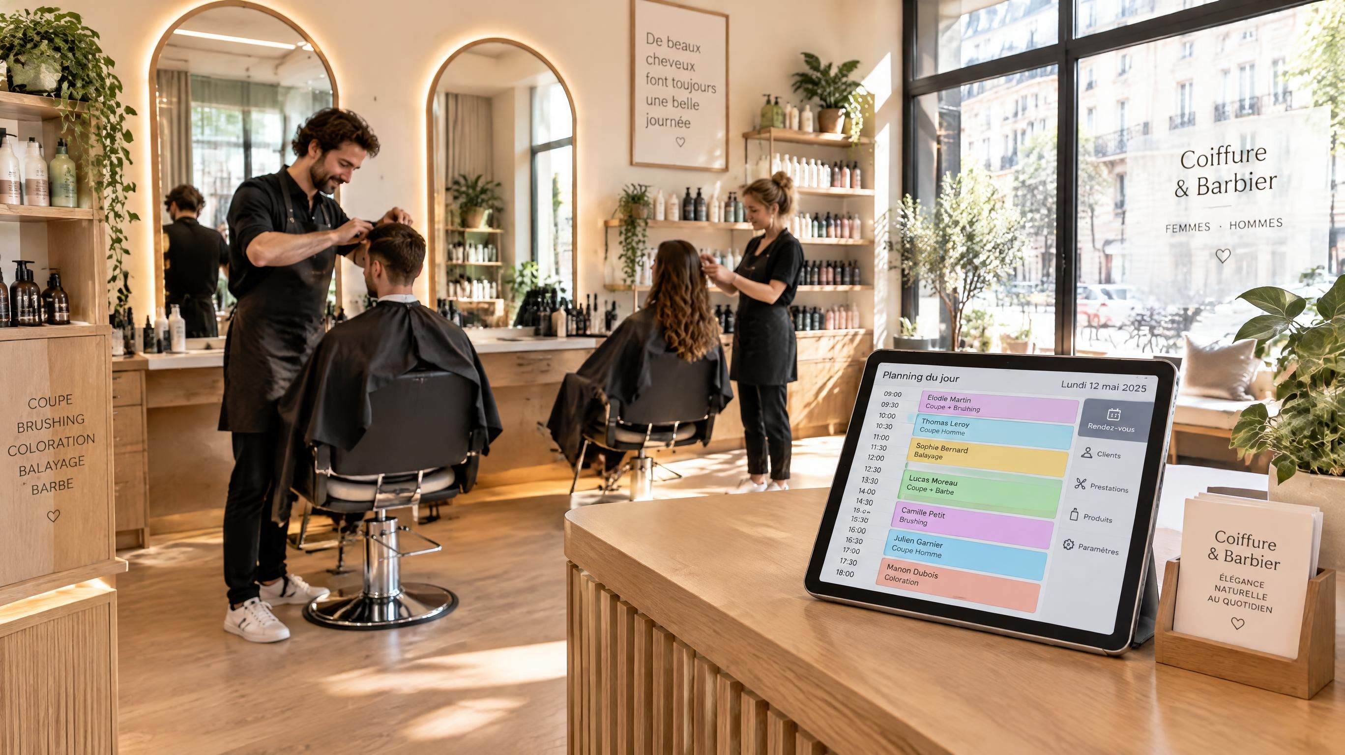 Organisation et gestion du planning d'équipe au sein d'un salon de coiffure moderne et lumineux