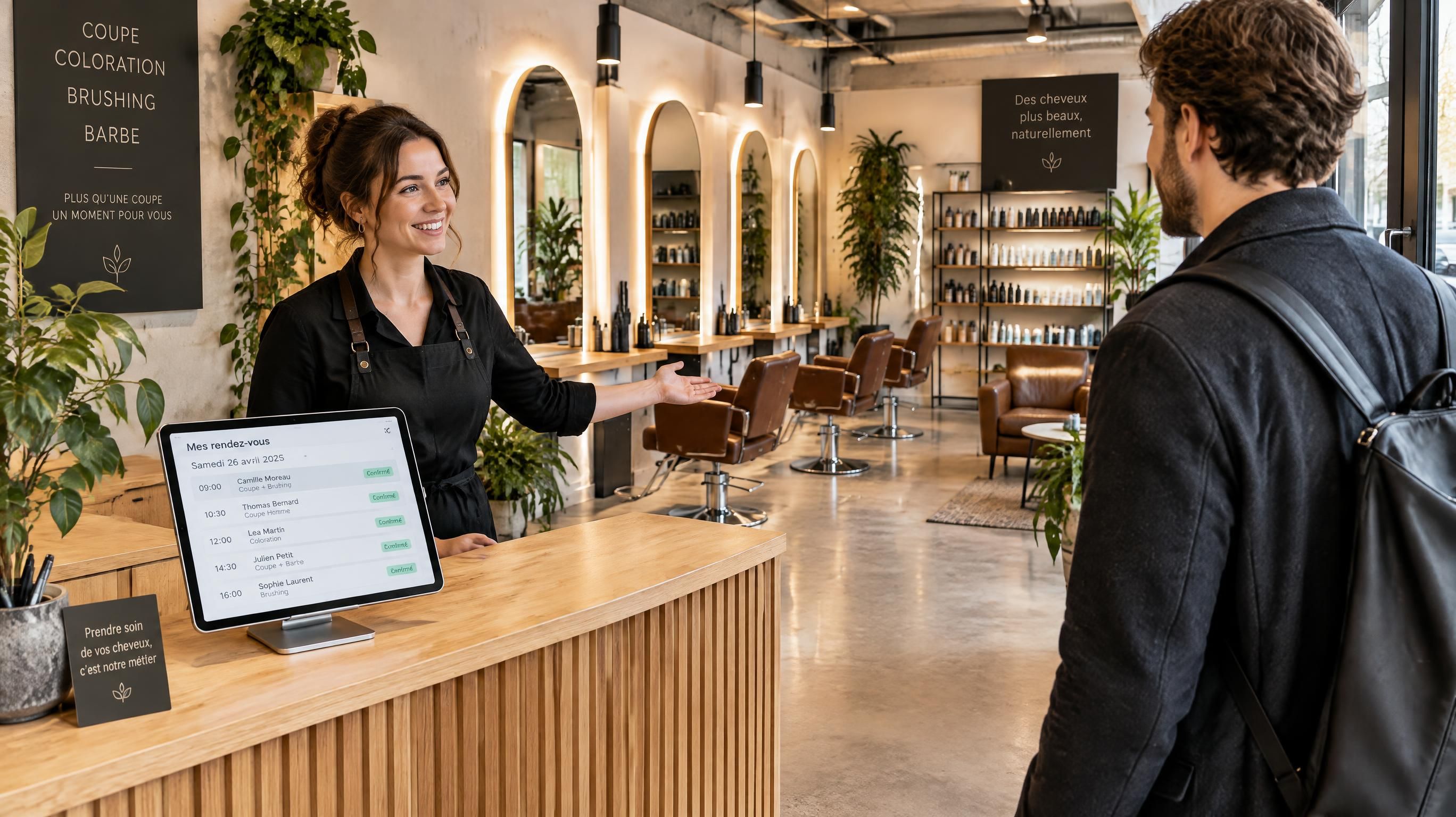 Accueil chaleureux d'un client ponctuel dans un salon de coiffure moderne pour réduire les no-shows