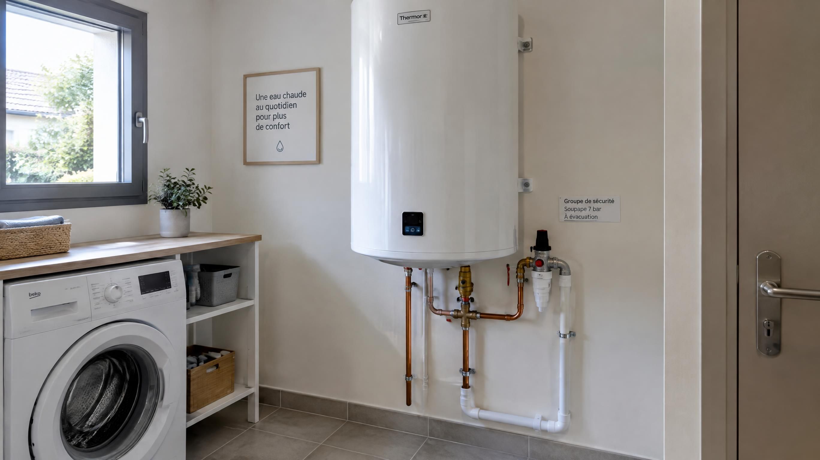Installation soign&eacute;e d'un chauffe-eau &eacute;lectrique moderne dans une buanderie r&eacute;sidentielle