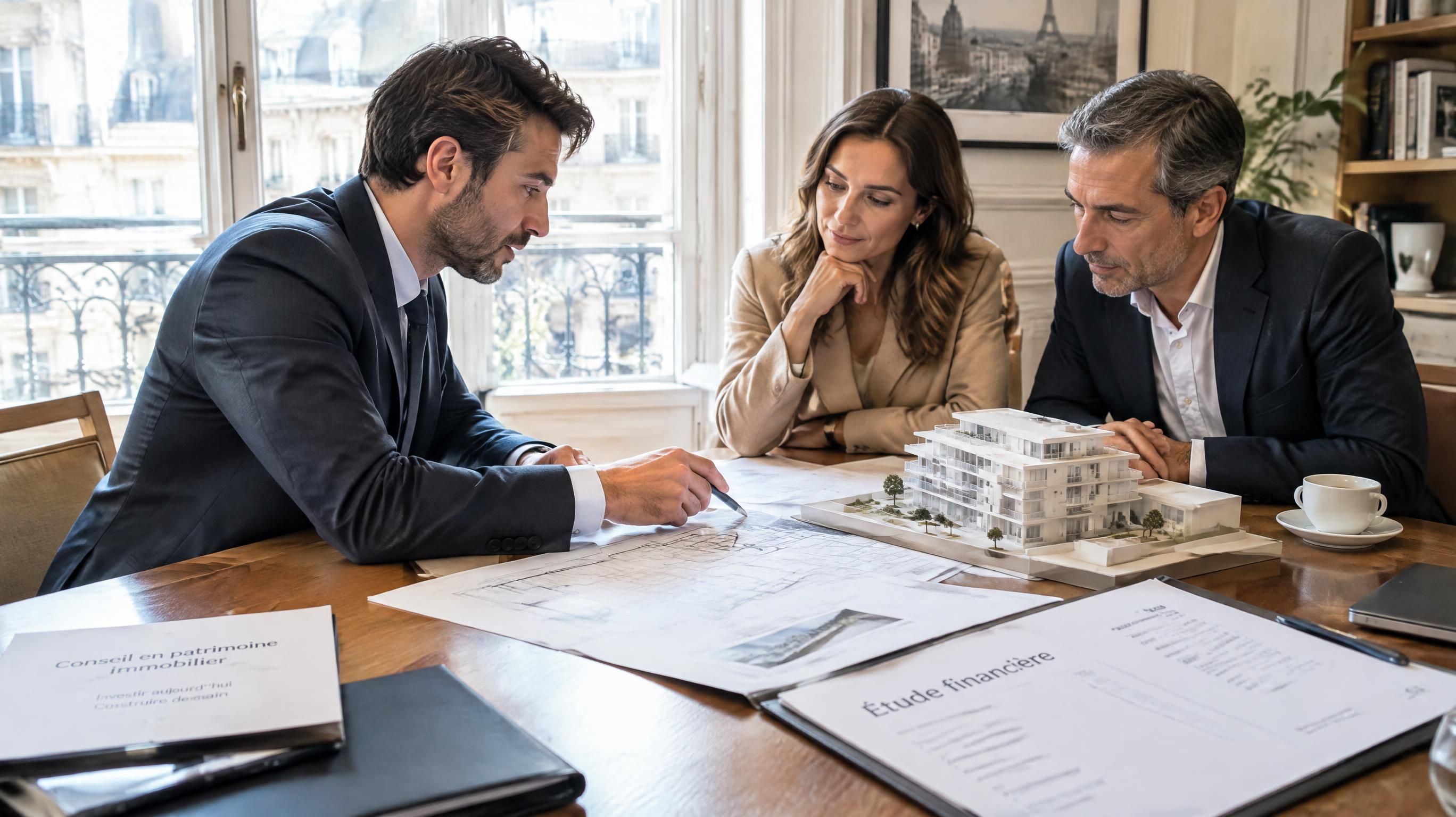 Conseillers de Primarystone analysant les plans d'un logement neuf en VEFA et modélisant le plan de financement immobilier à Paris