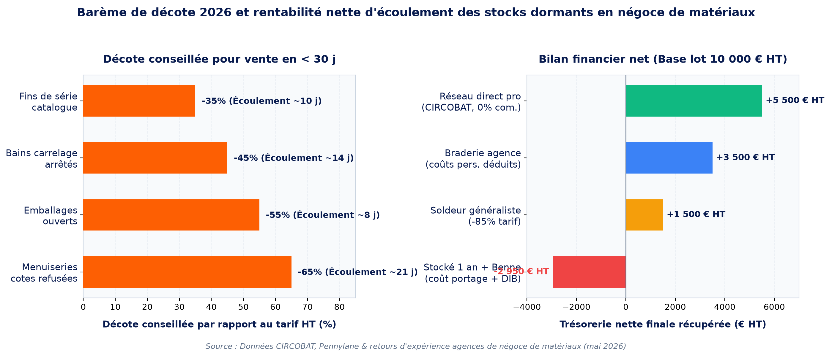 Graphique comparatif du barème de décote 2026 et de la trésorerie nette pour le déstockage négoce matériaux selon le canal de vente