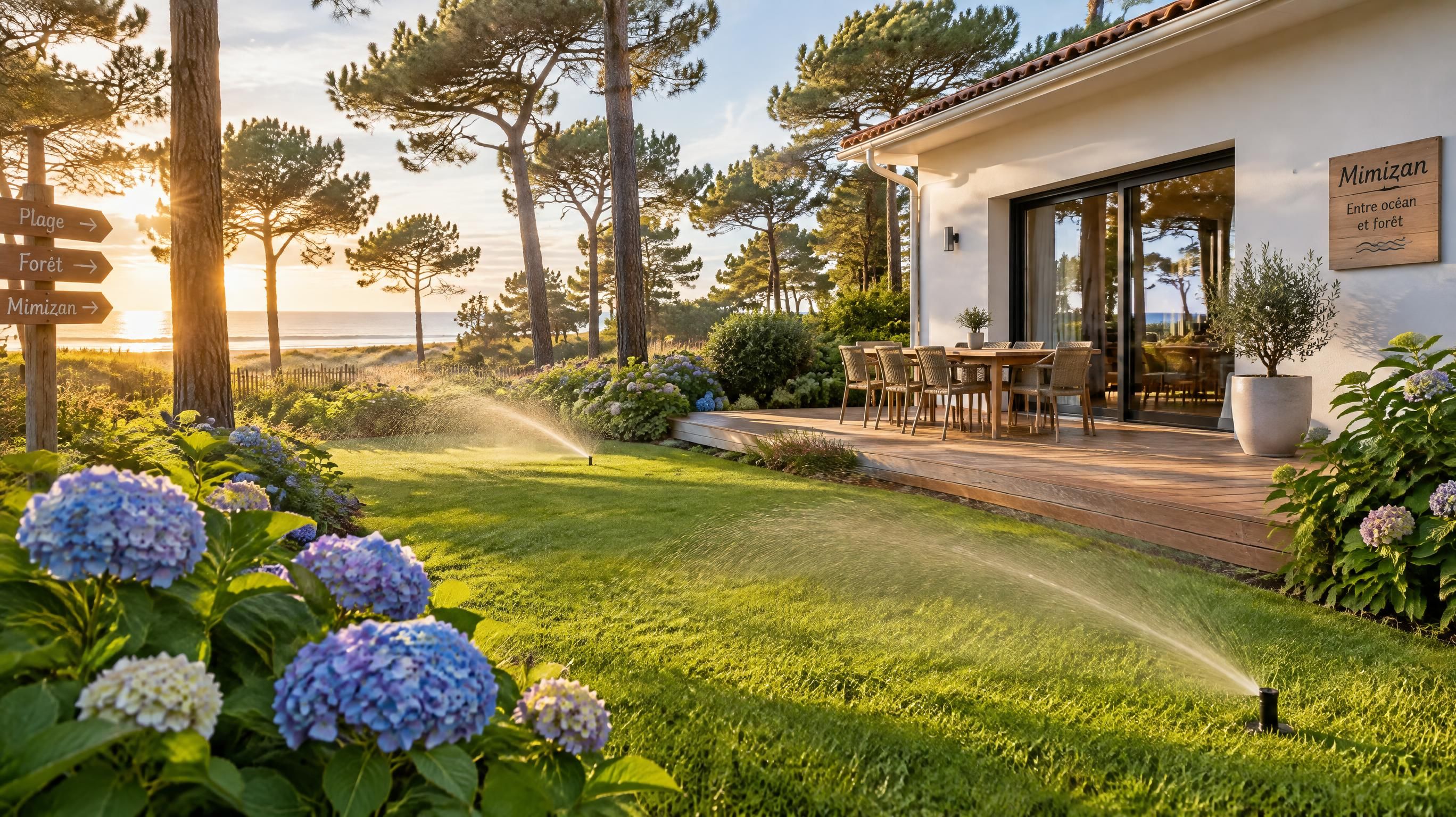 Jardin côtier verdoyant et pelouse soignée arrosée à Mimizan au soleil couchant — Mimizan (Landes, 40200) — Olivier Roussel, conseiller immobilier IAD France