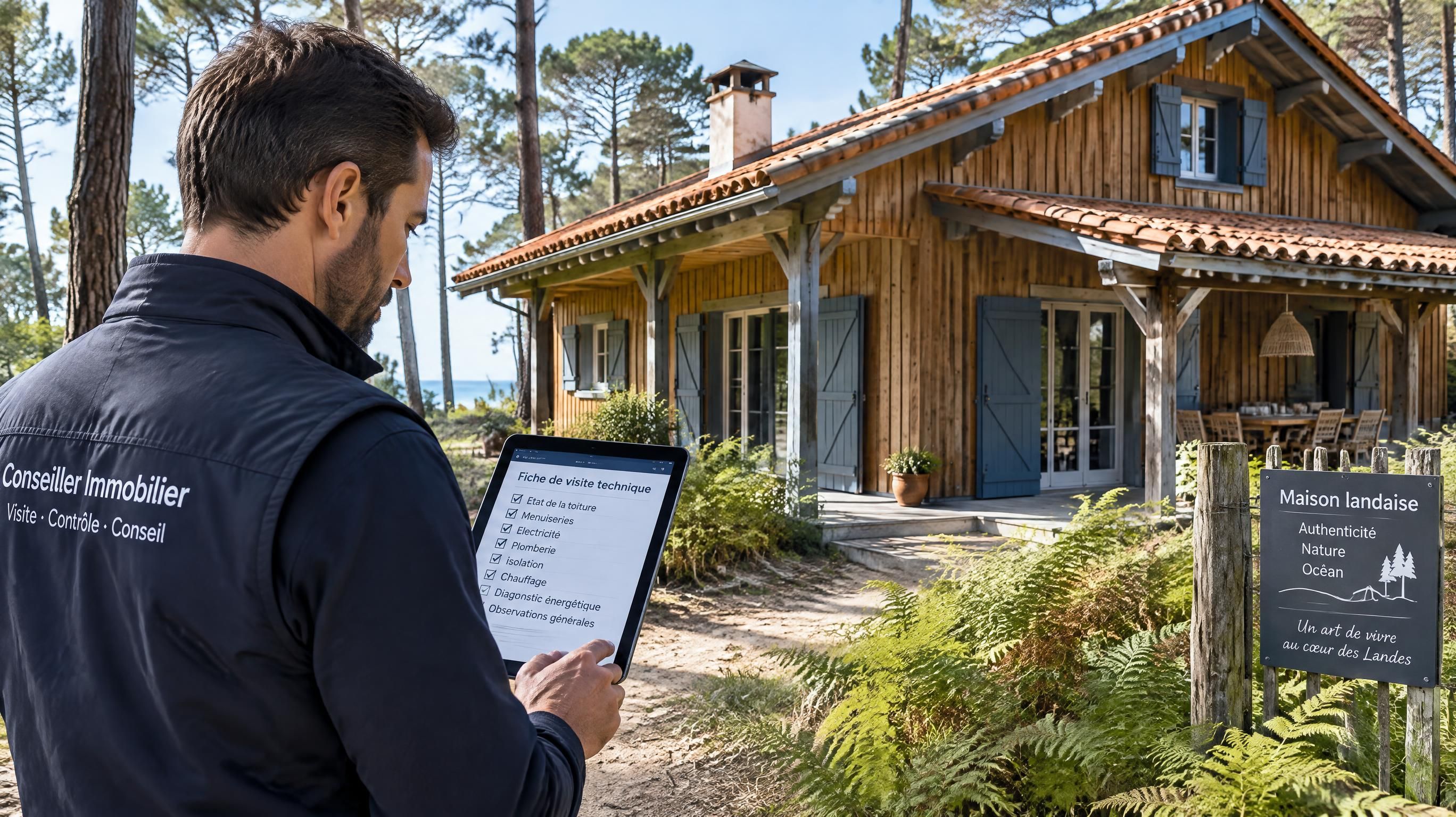 Conseiller immobilier inspectant un bien sur le terrain dans le cadre d’un mandat de recherche — Mimizan (Landes, 40200) — Olivier Roussel, conseiller immobilier IAD France