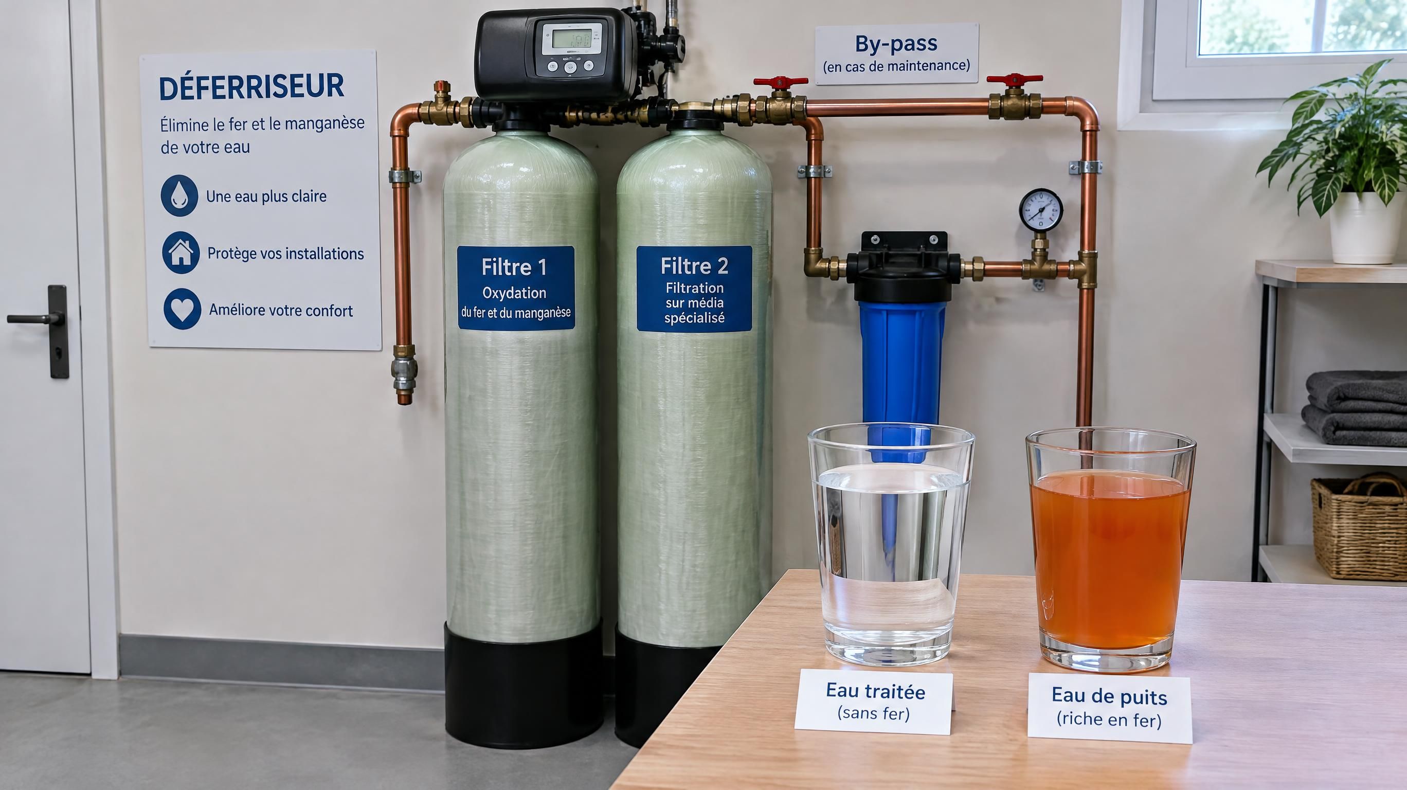 Comparaison entre eau brute ferrugineuse orangée et eau traitée limpide par déferriseur à Mimizan — Mimizan (Landes, 40200) — Olivier Roussel, conseiller immobilier IAD France