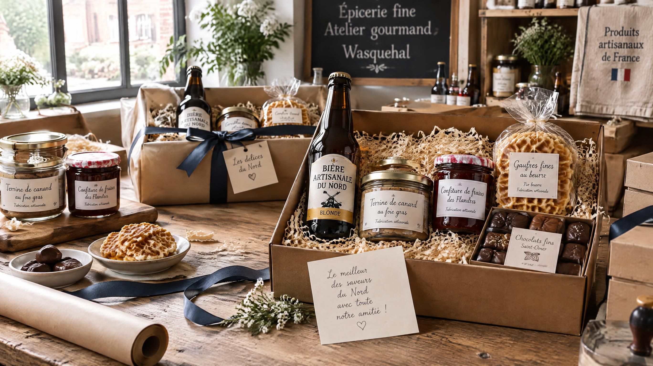 Préparation artisanale d'un coffret gourmand dans l'atelier de Wasquehal d'Halte Gourmande, épicerie fine en ligne depuis 2002