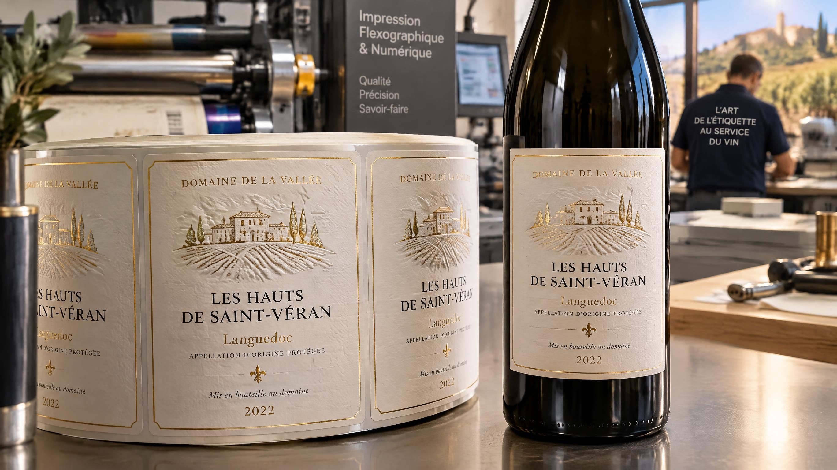 Bobines d'étiquettes adhésives vinicoles haut de gamme avec dorure à chaud et papier texturé façonnées pour domaines viticoles par Label Plus à Mèze