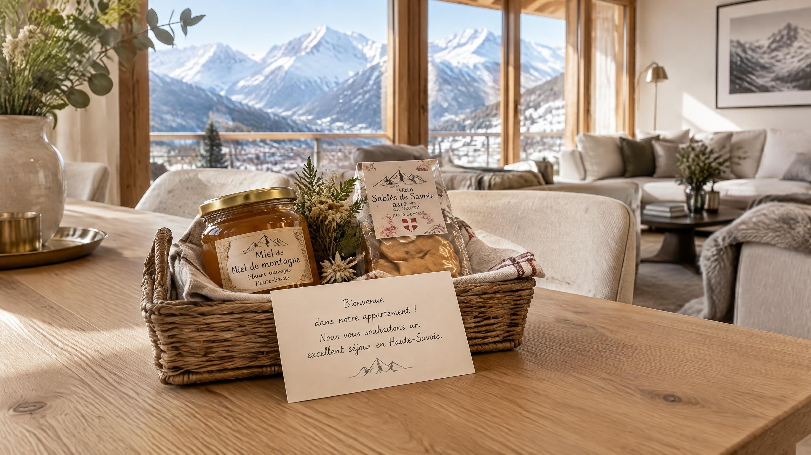 Préparation soignée d'un meublé de tourisme par LéOla conciergerie vallee de l arve avec panier d'accueil savoyard composé de miel local, biscuits artisanaux et vue sur les massifs alpins