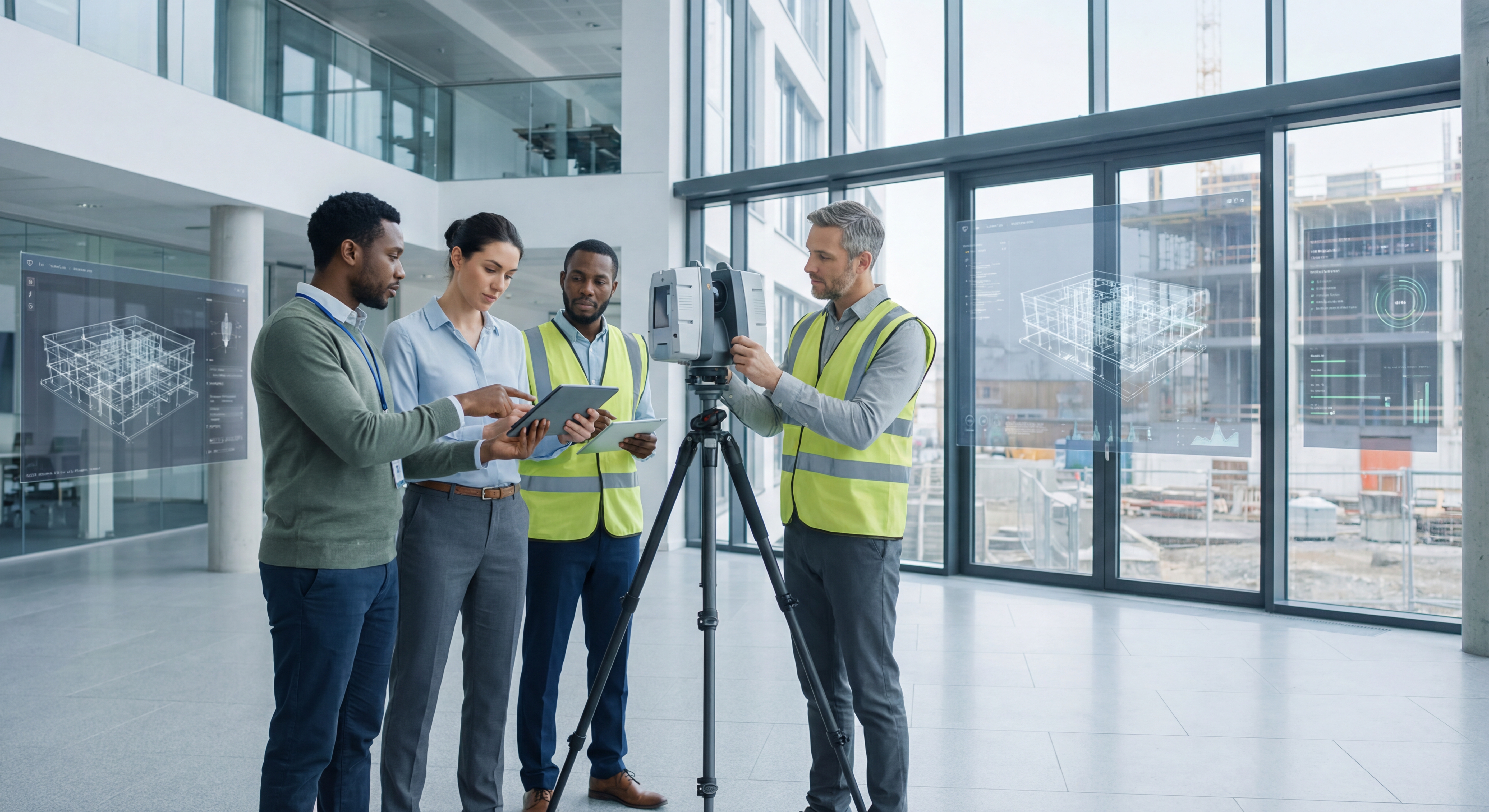 Équipe d'experts utilisant un scanner 3D dans un bâtiment moderne avec la technologie BIM en arrière-plan