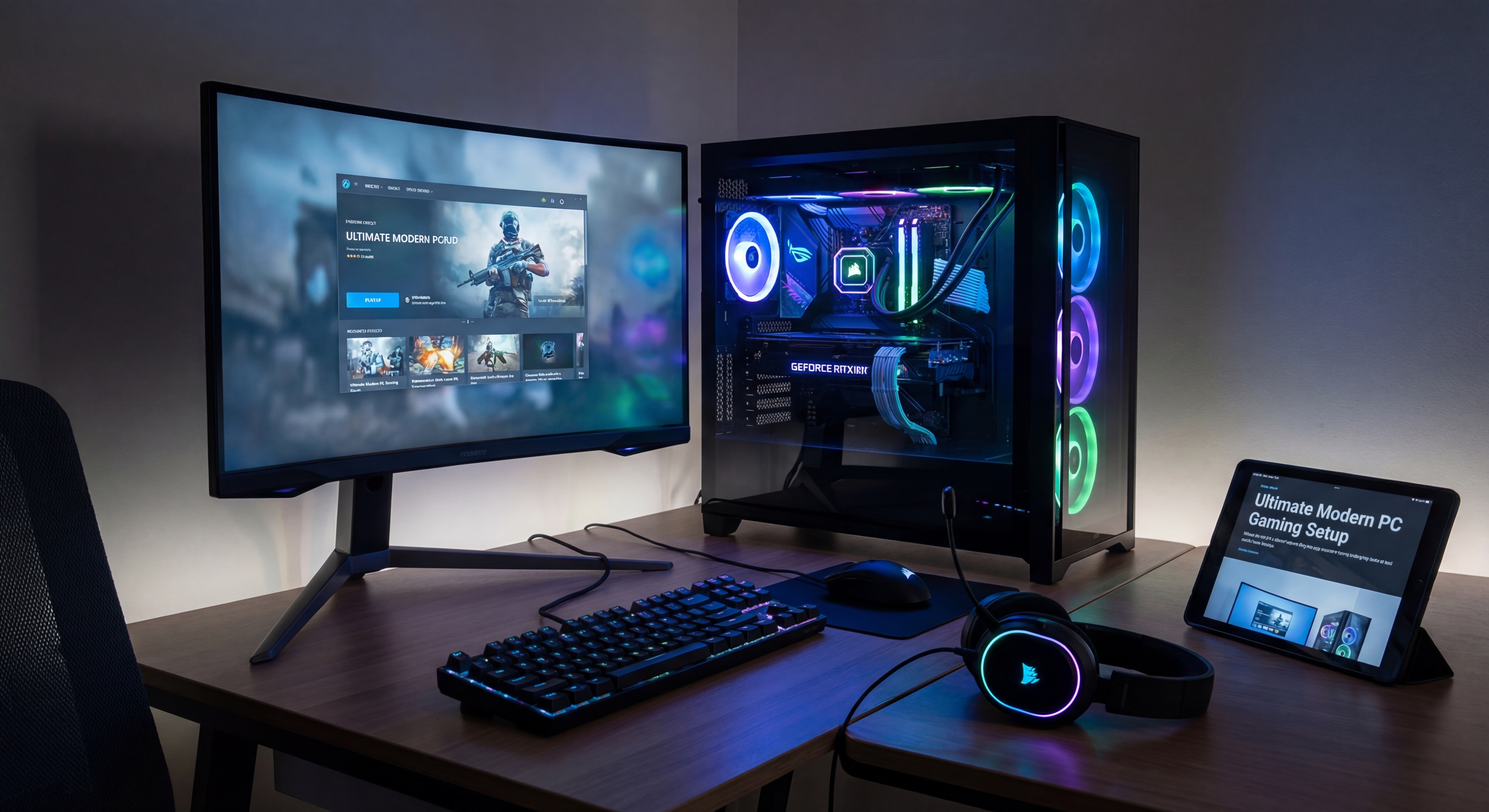 Configuration PC gaming moderne avec composants RGB illuminés sur bureau setup