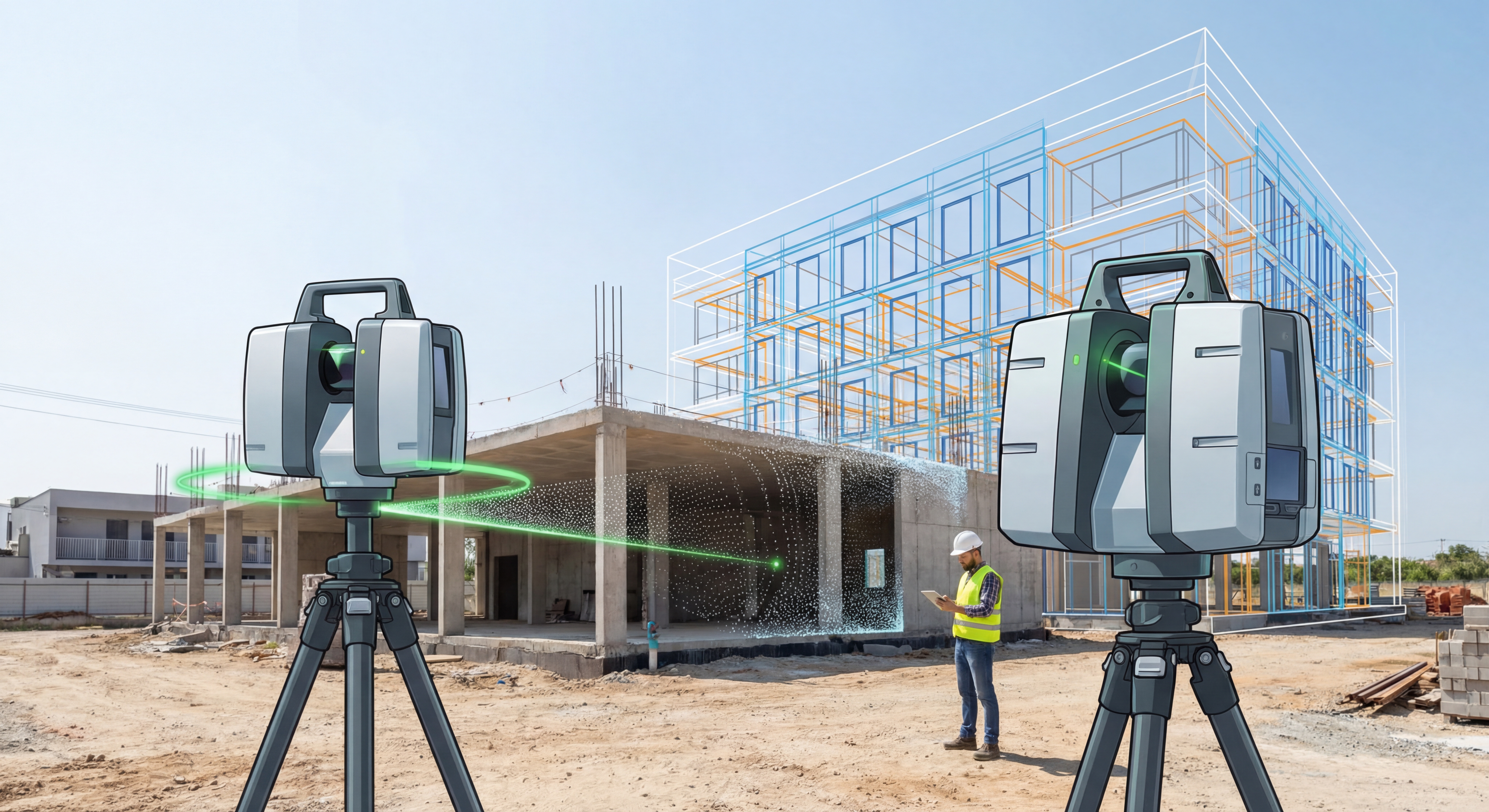 Scanner laser 3D en action sur un chantier avec modélisation BIM en arrière-plan