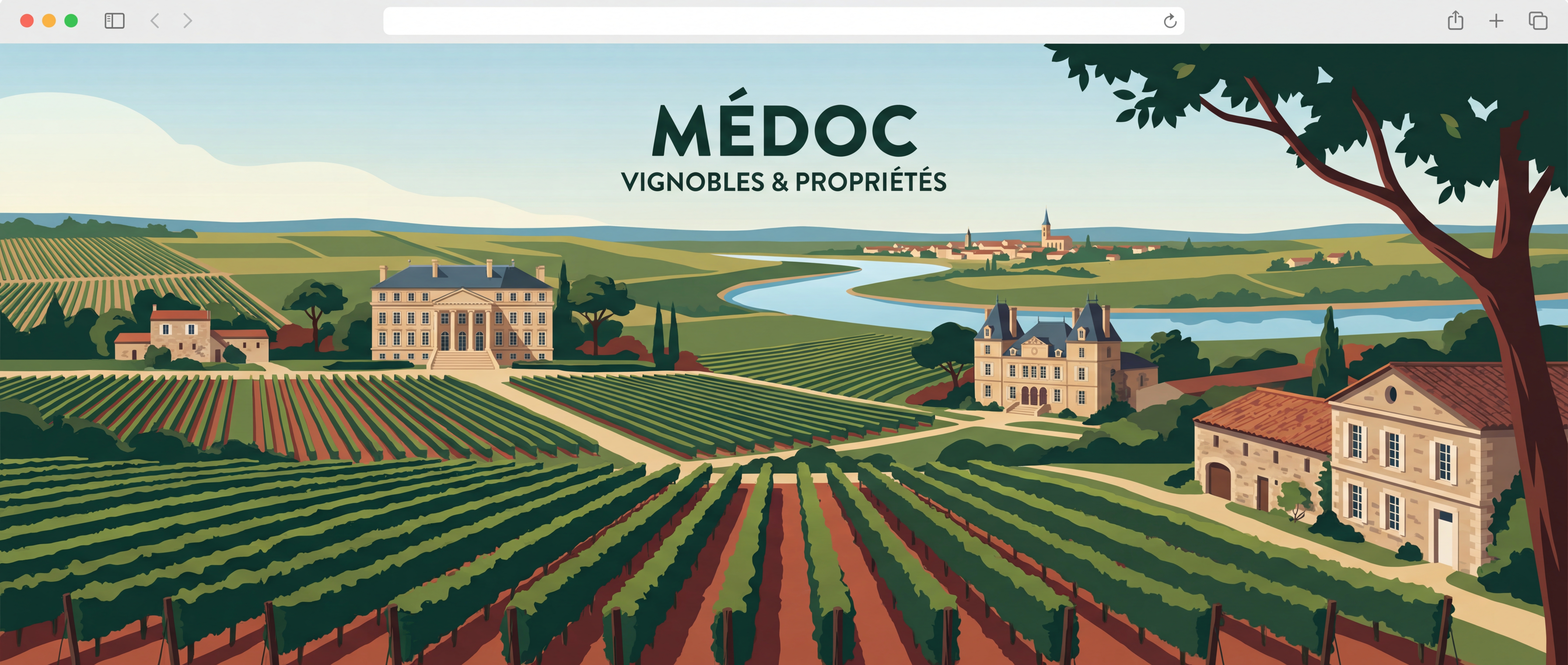Vue panoramique des vignobles du Médoc avec châteaux et propriétés immobilières typiques de la région