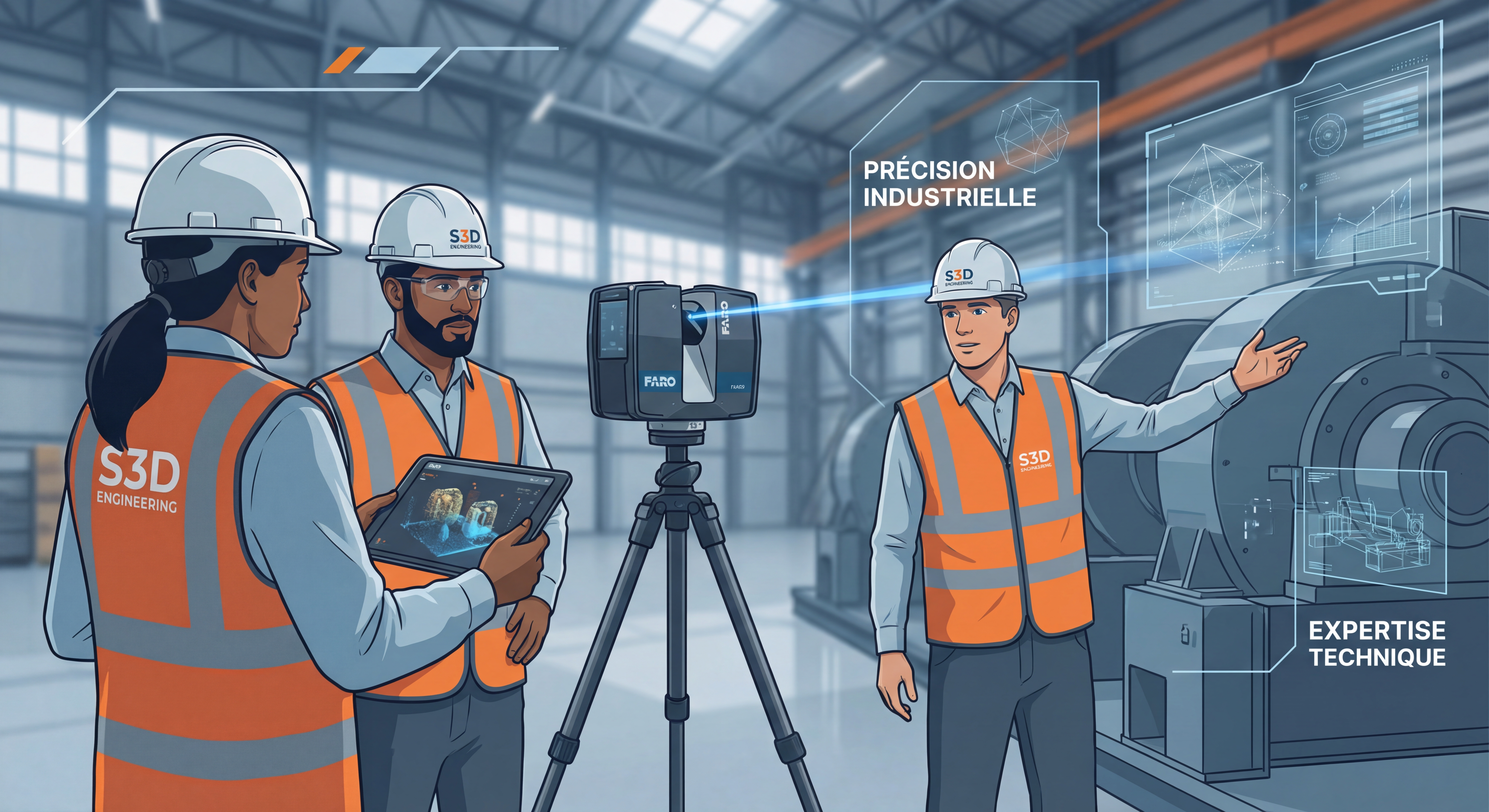Équipe S3D Engineering effectuant un scan 3D industriel avec scanner FARO, démontrant l'expertise technique et la précision du service