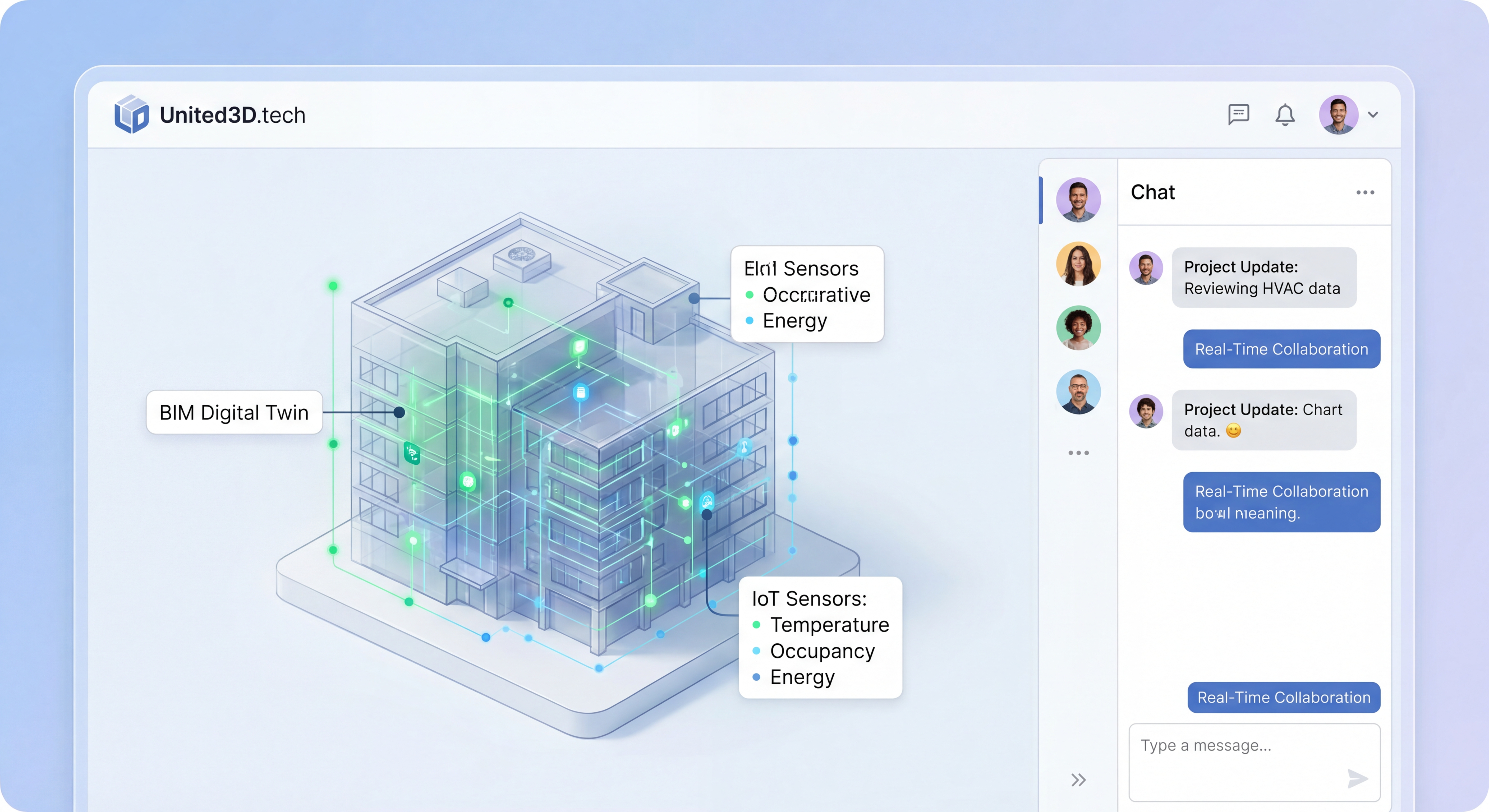 Interface de la plateforme United3D.tech montrant un jumeau numérique BIM avec données IoT intégrées et collaboration temps réel