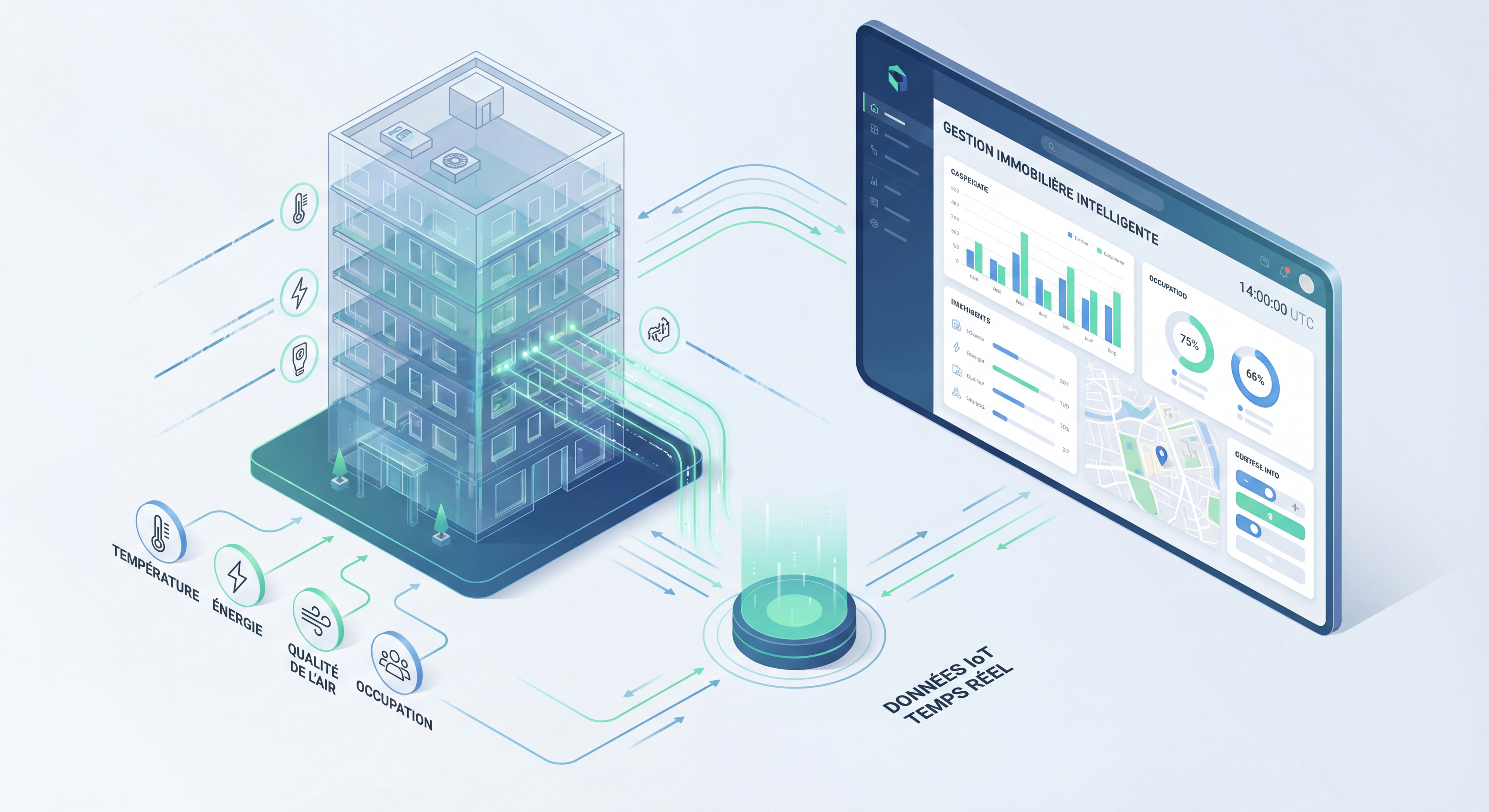 Visualisation 3D d'un jumeau numérique de bâtiment avec données IoT en temps réel et interface de gestion immobilière