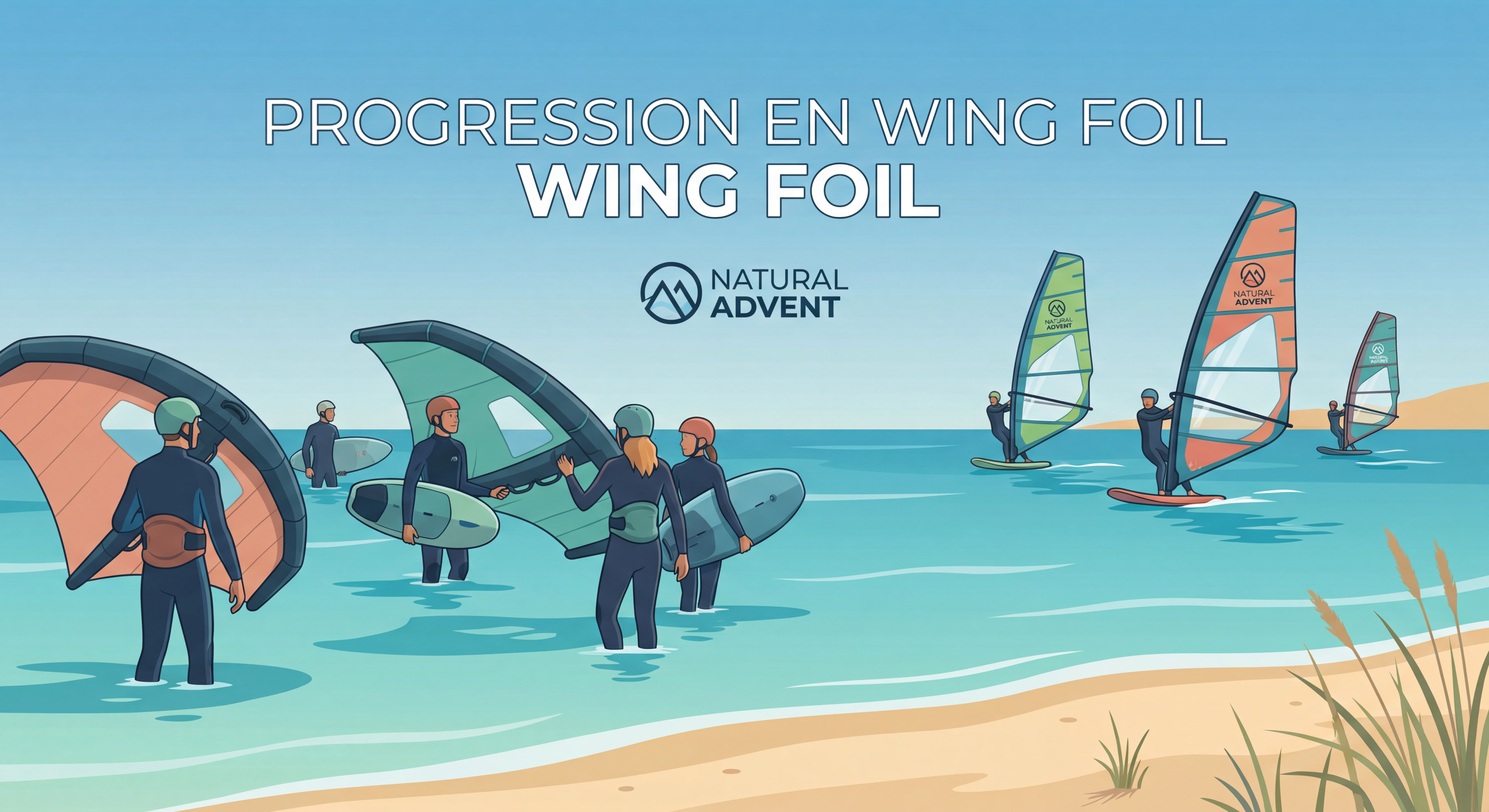 Groupe d'élèves en stage wing foil progressant du bord vers le large avec matériel Natural Advent