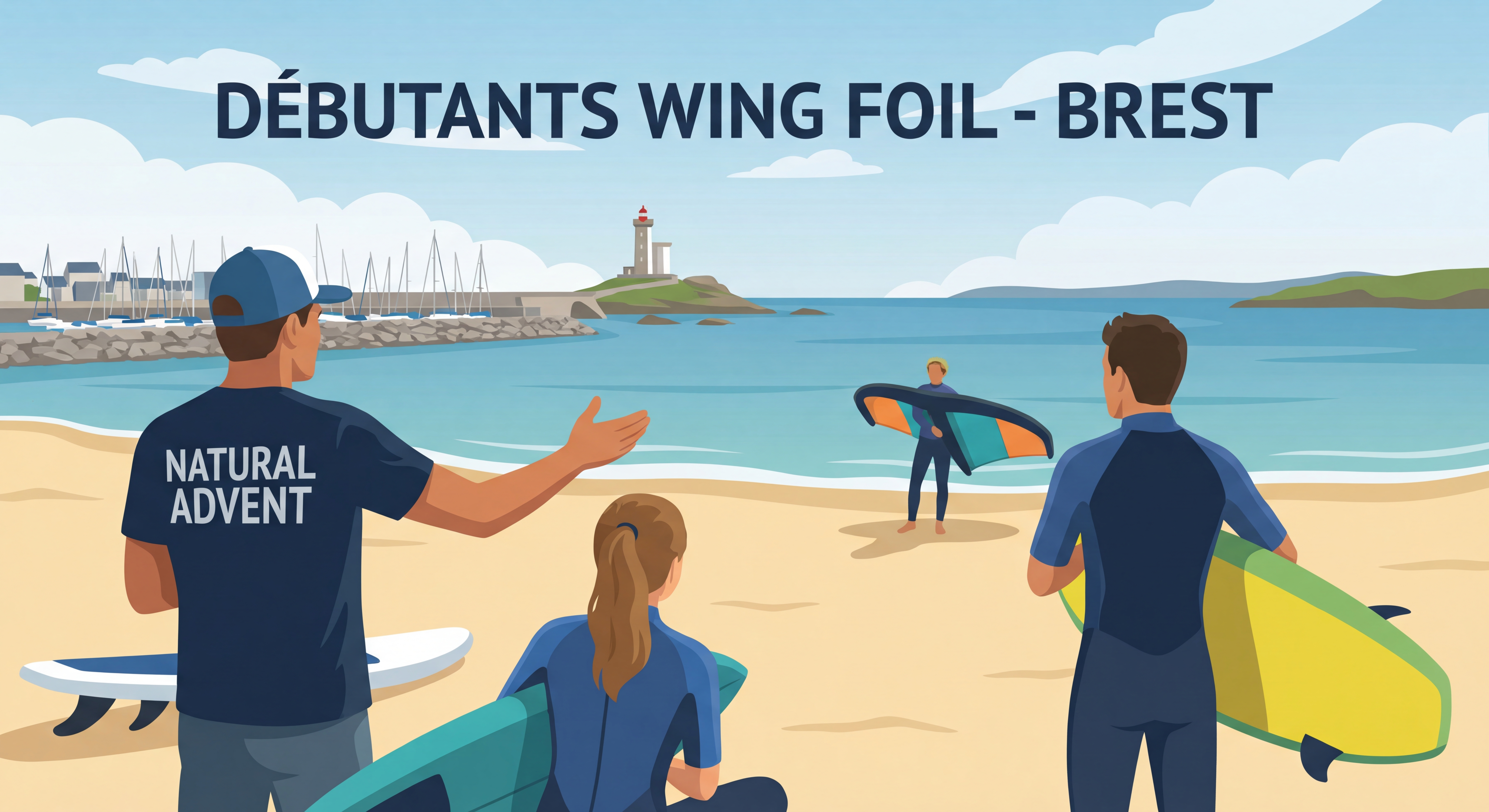 Débutants apprenant le wing foil sur la plage du Moulin Blanc à Brest avec instructeur Natural Advent
