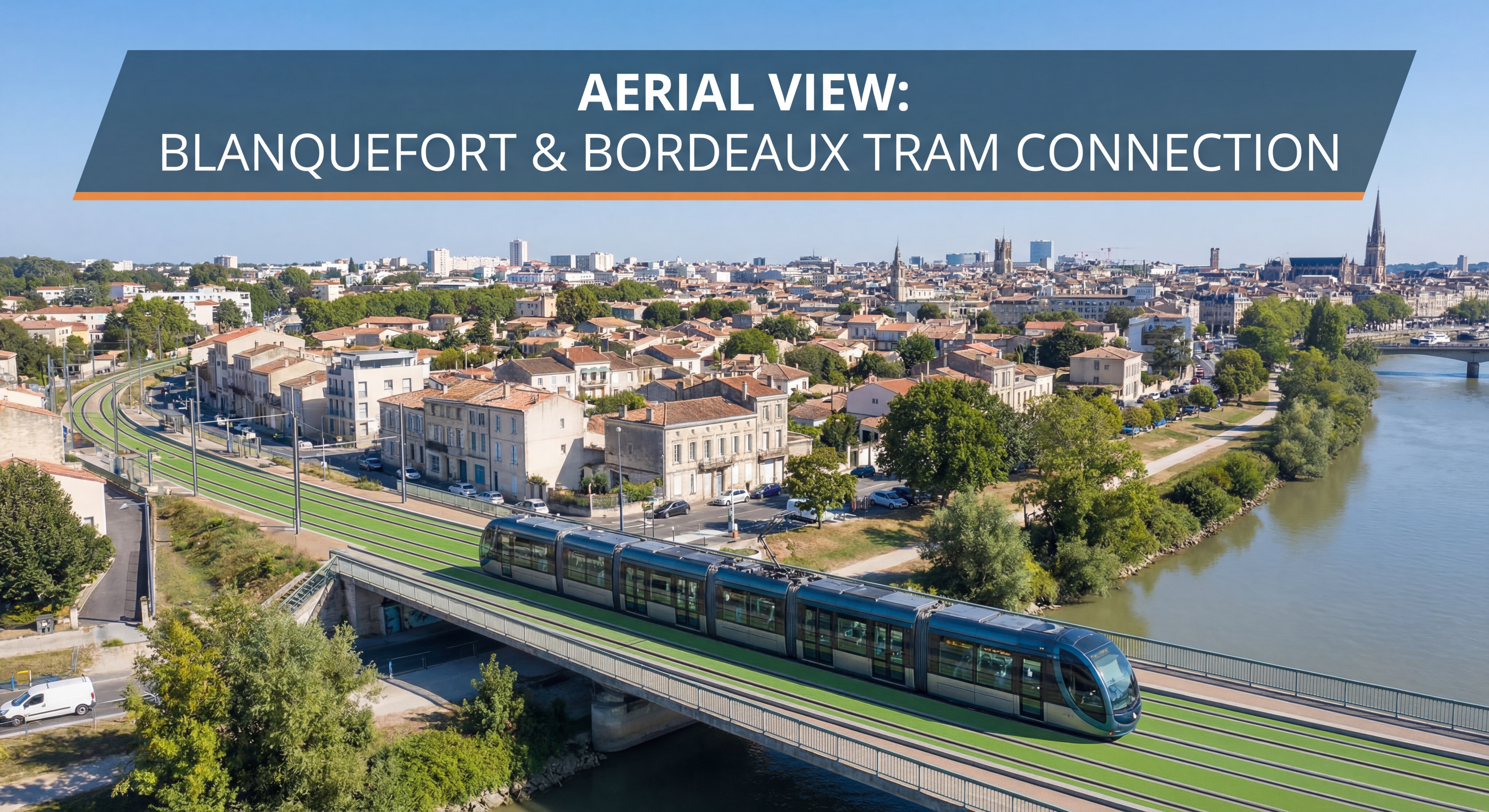 Vue aérienne de Blanquefort avec le tramway ligne D et la proximité de Bordeaux