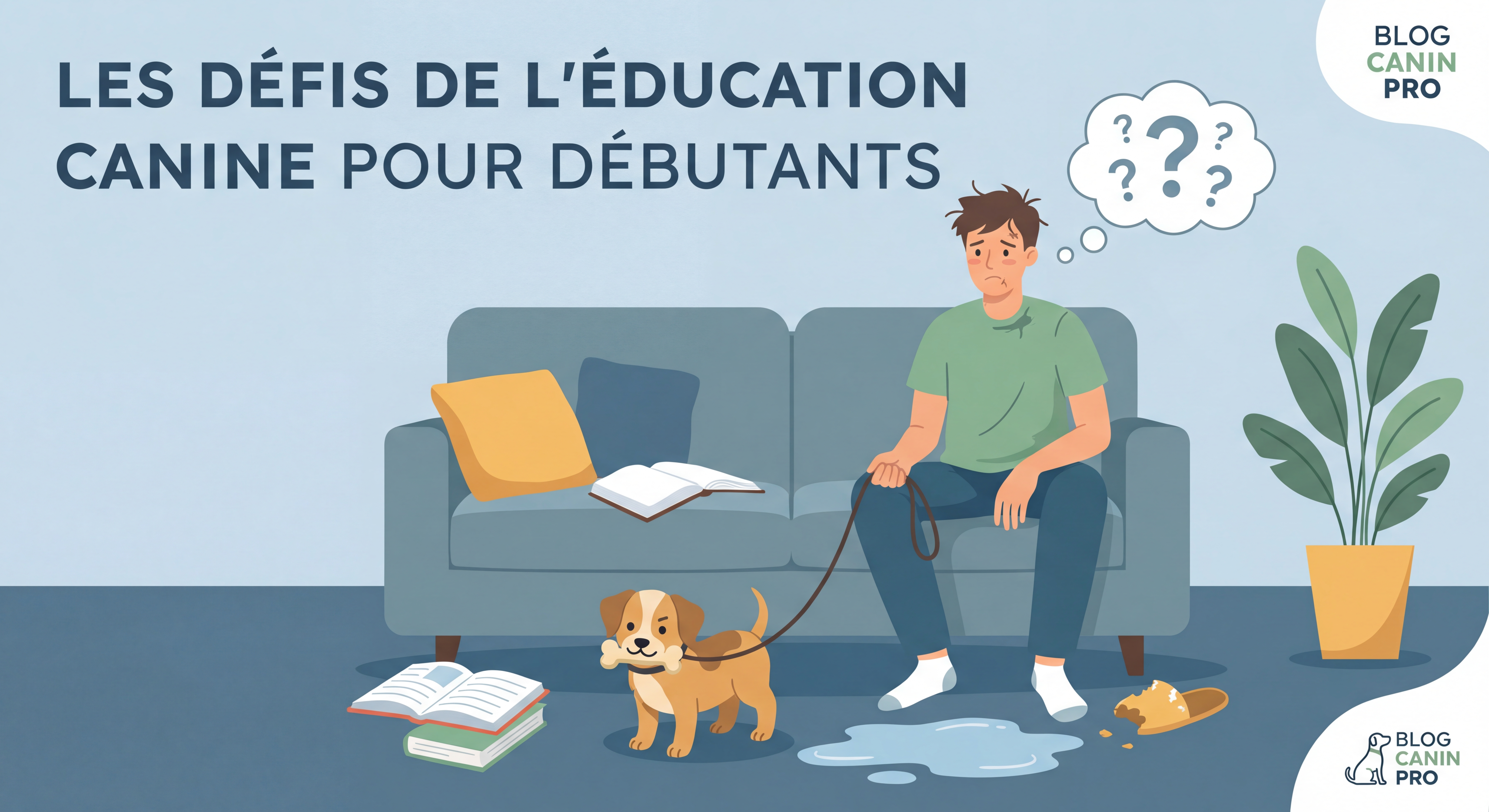 Propriétaire débutant tentant d'éduquer son chiot avec une expression confuse, illustrant les difficultés communes de l'éducation canine