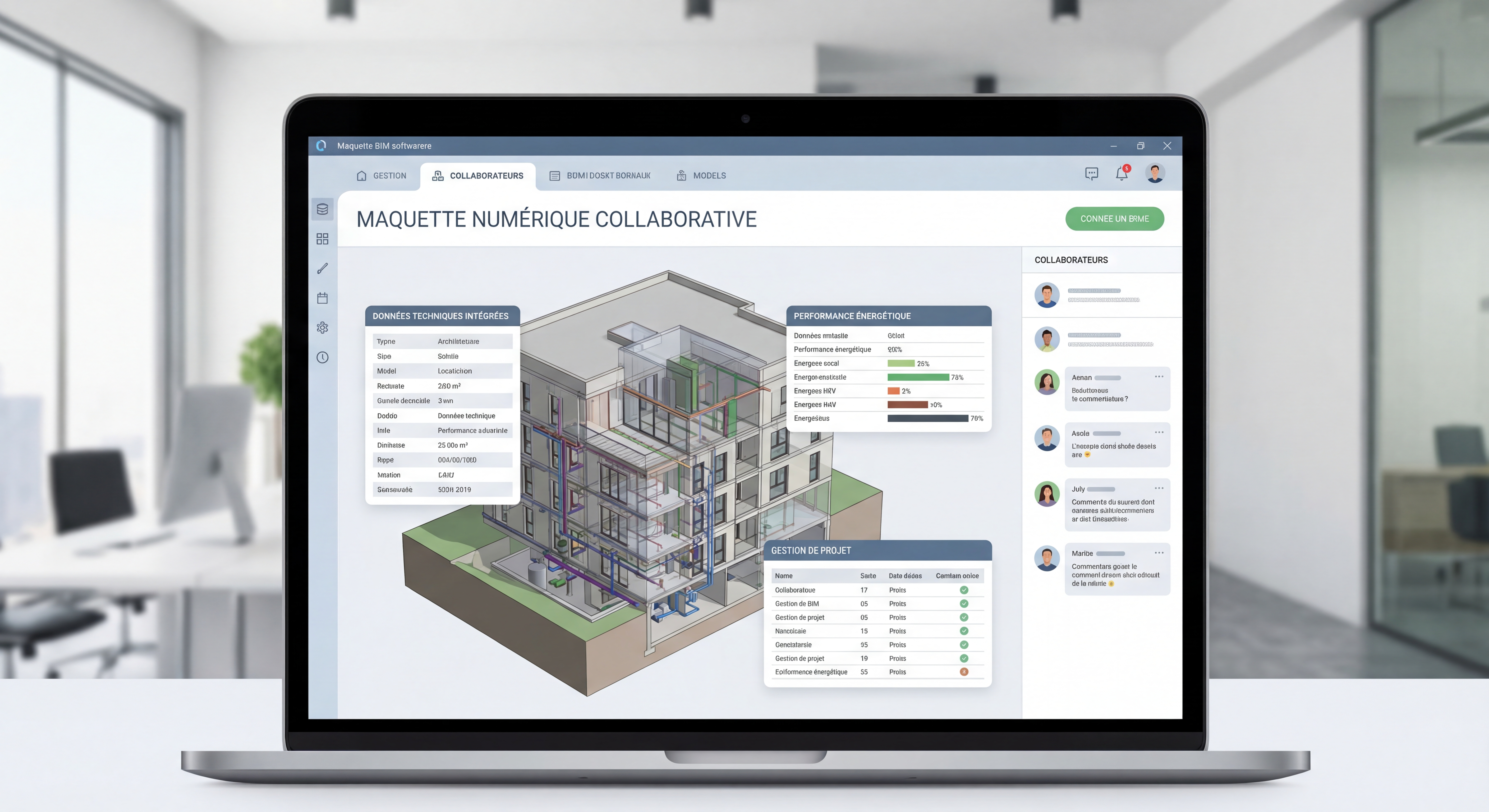 Interface logiciel BIM français montrant une maquette numérique collaborative avec données techniques intégrées