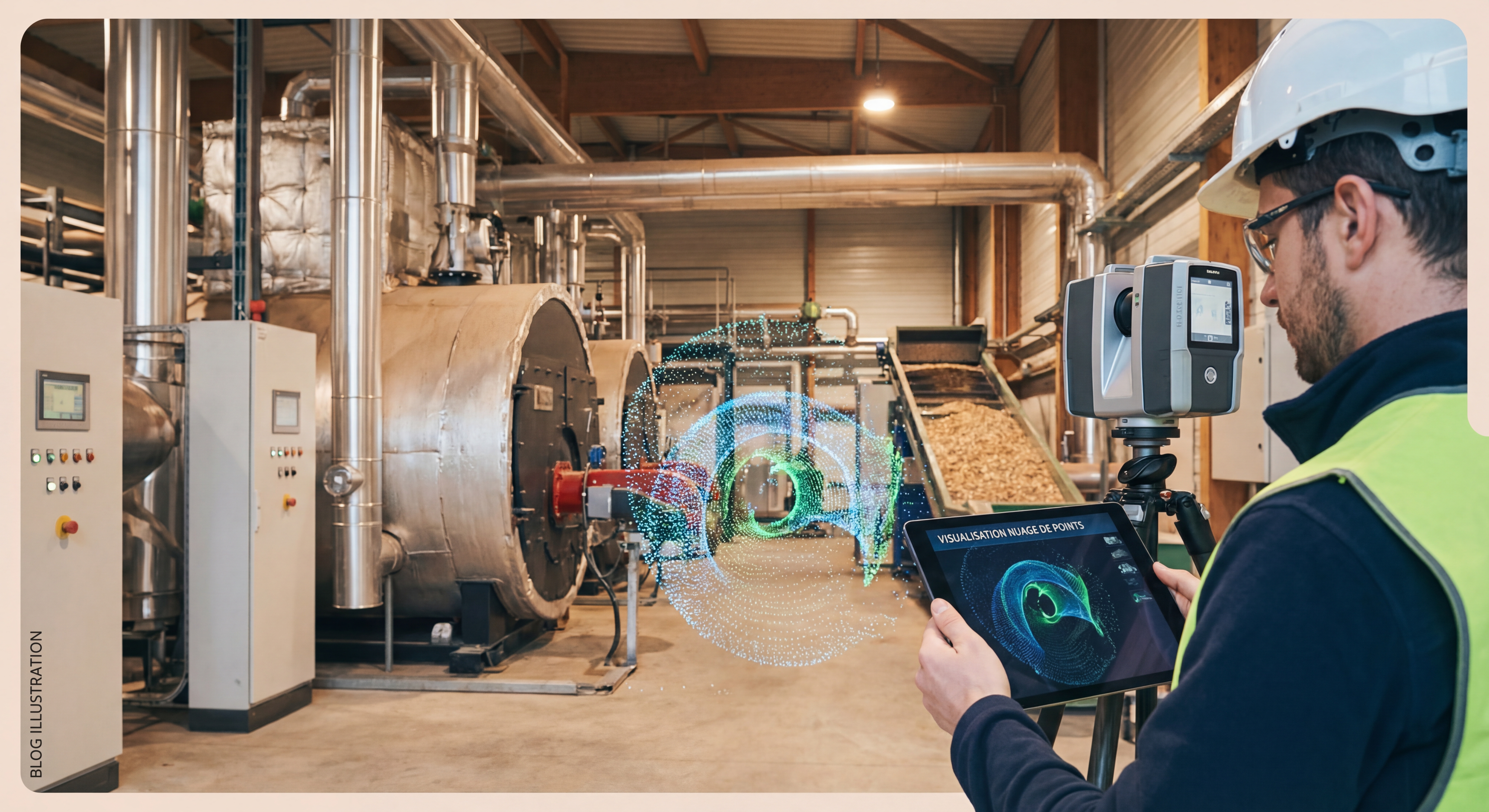 Technicien utilisant un scanner laser 3D dans une chaufferie biomasse en Gironde avec visualisation du nuage de points