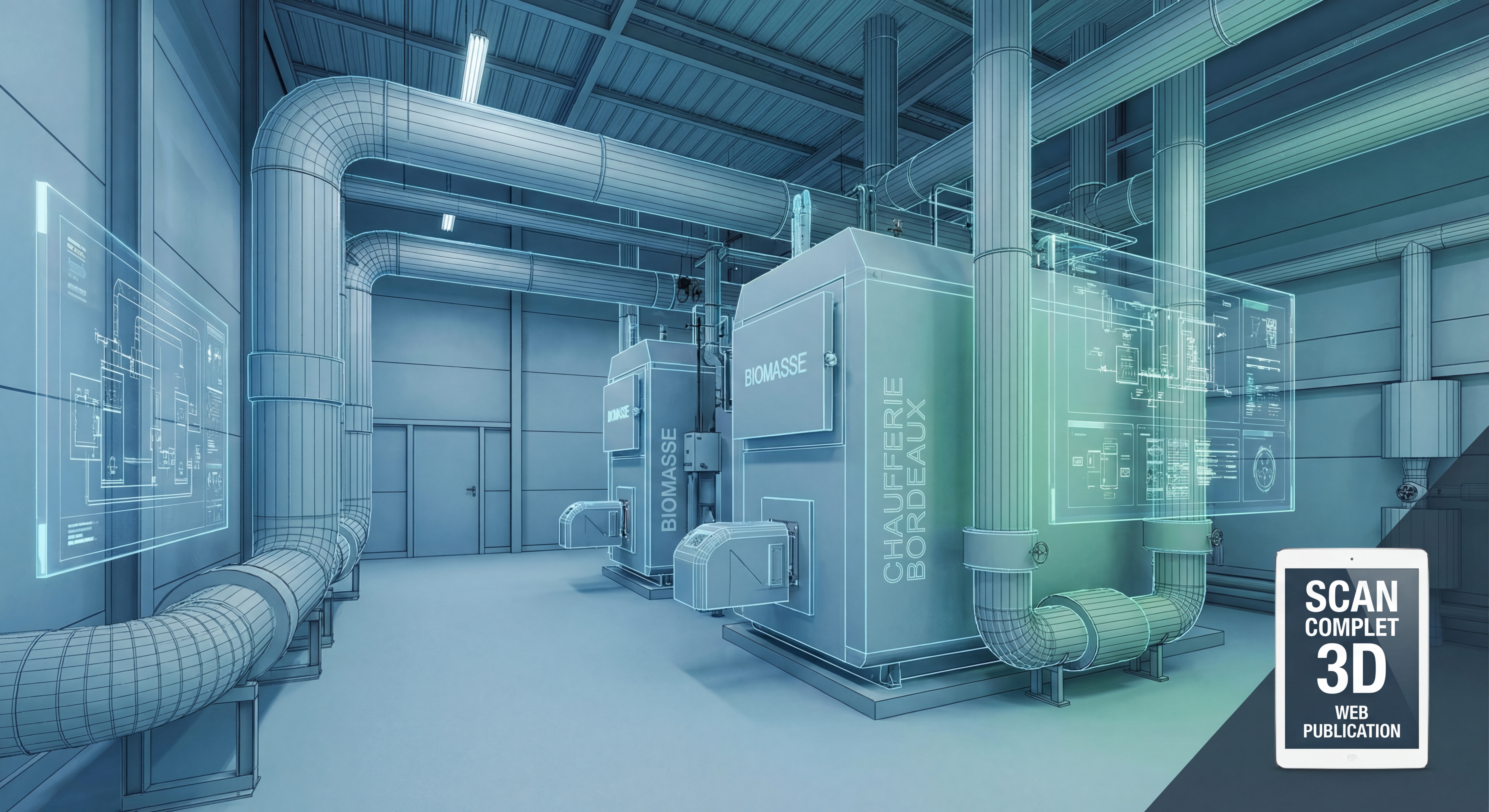 Scan laser 3D d'une chaufferie industrielle moderne à Bordeaux avec équipements biomasse