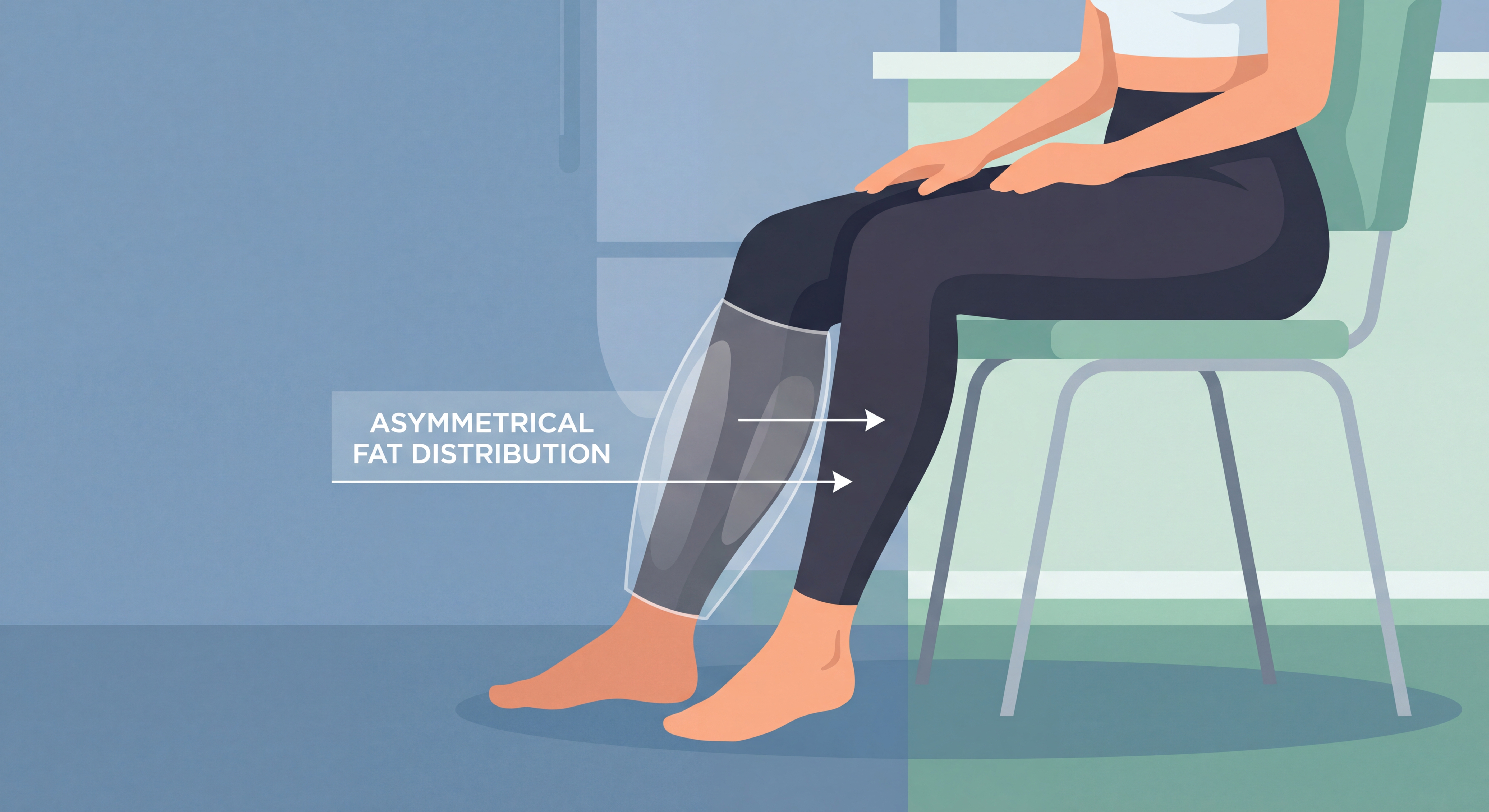 Femme portant un legging de compression médical pour lipœdème, illustration des jambes avec répartition asymétrique de graisse