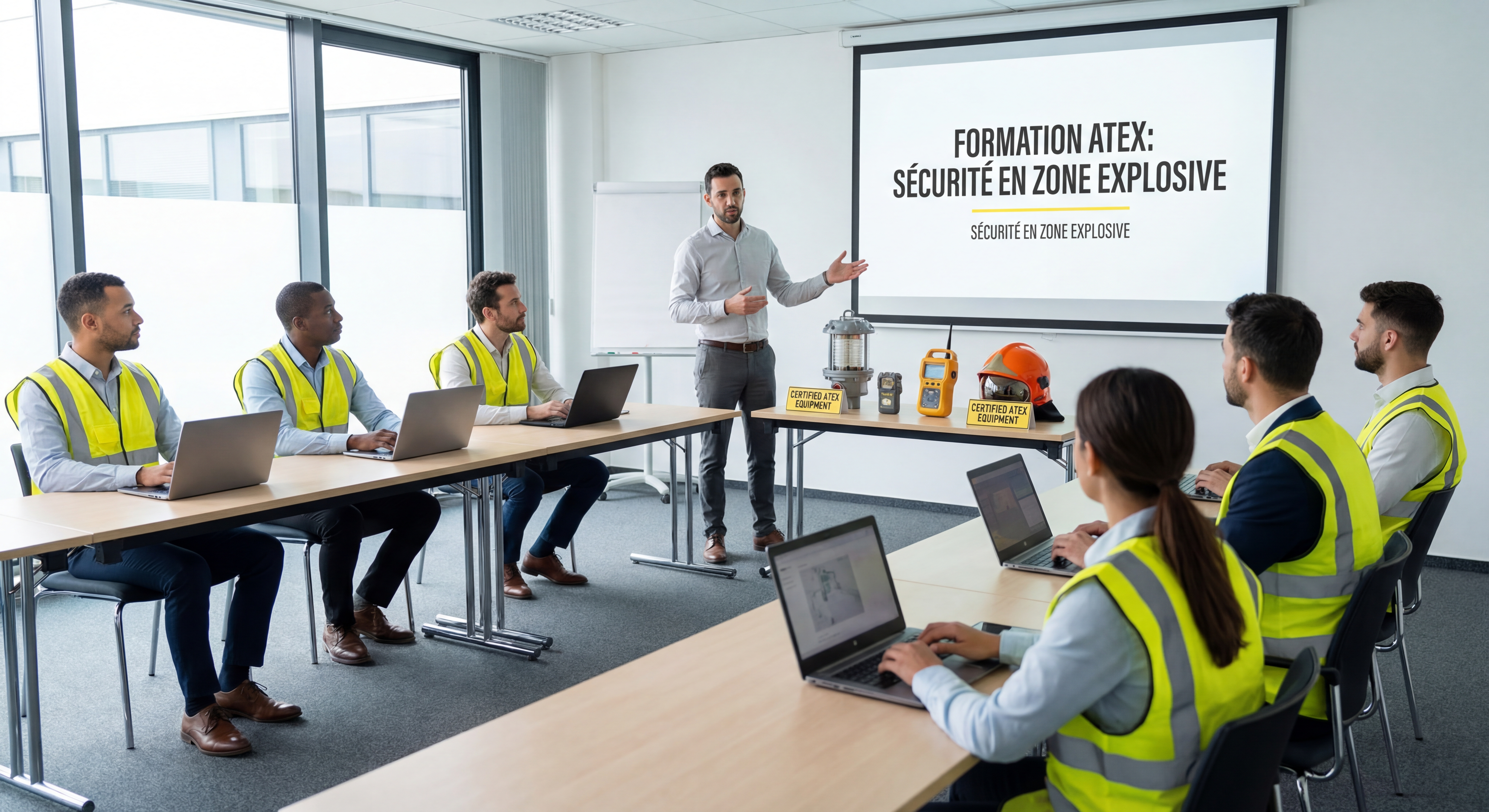 Session de formation ATEX avec participants en salle et démonstration d'équipements de sécurité certifiés