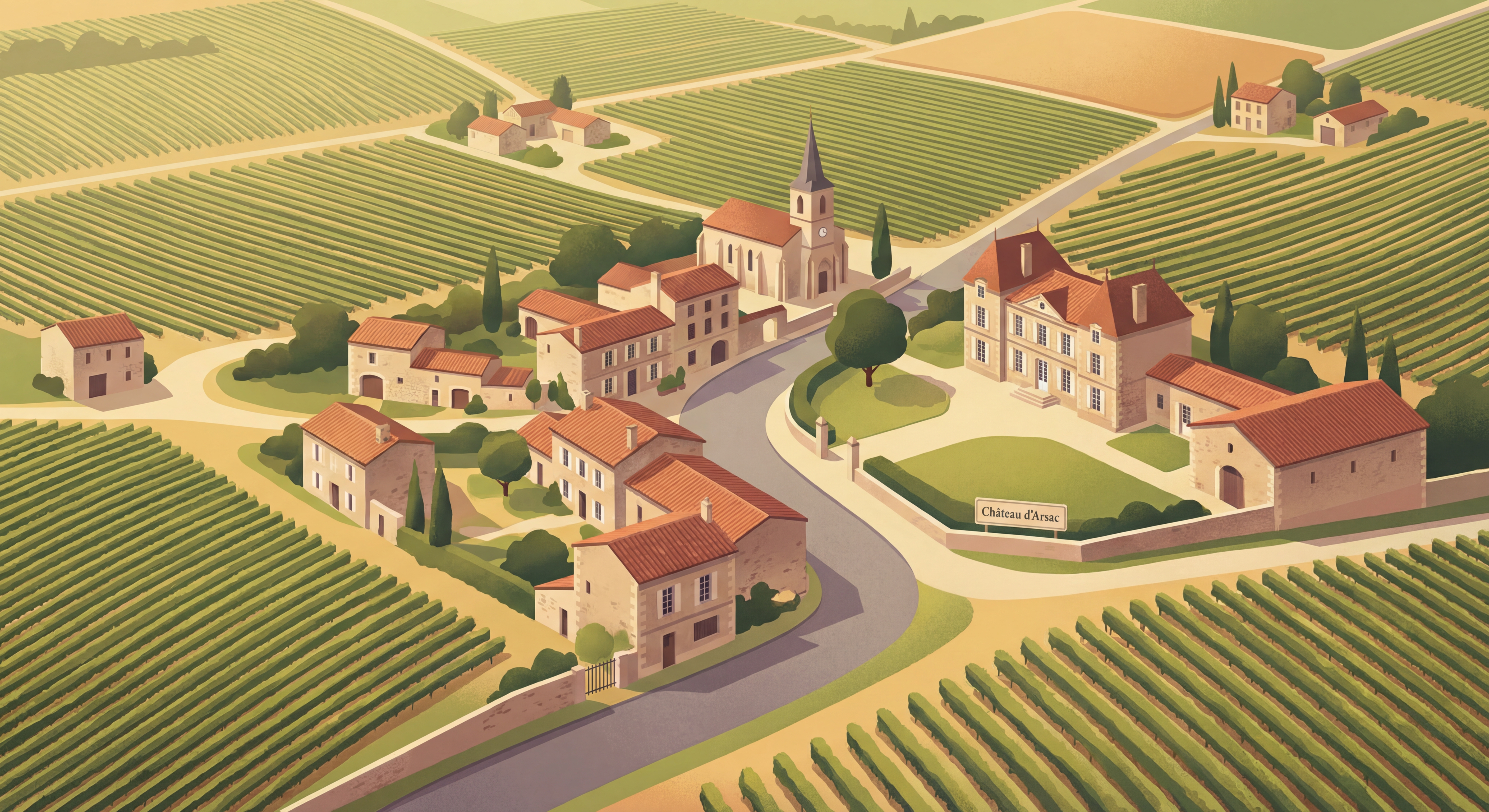 Vue aérienne d'Arsac avec ses vignobles et maisons traditionnelles médocaines