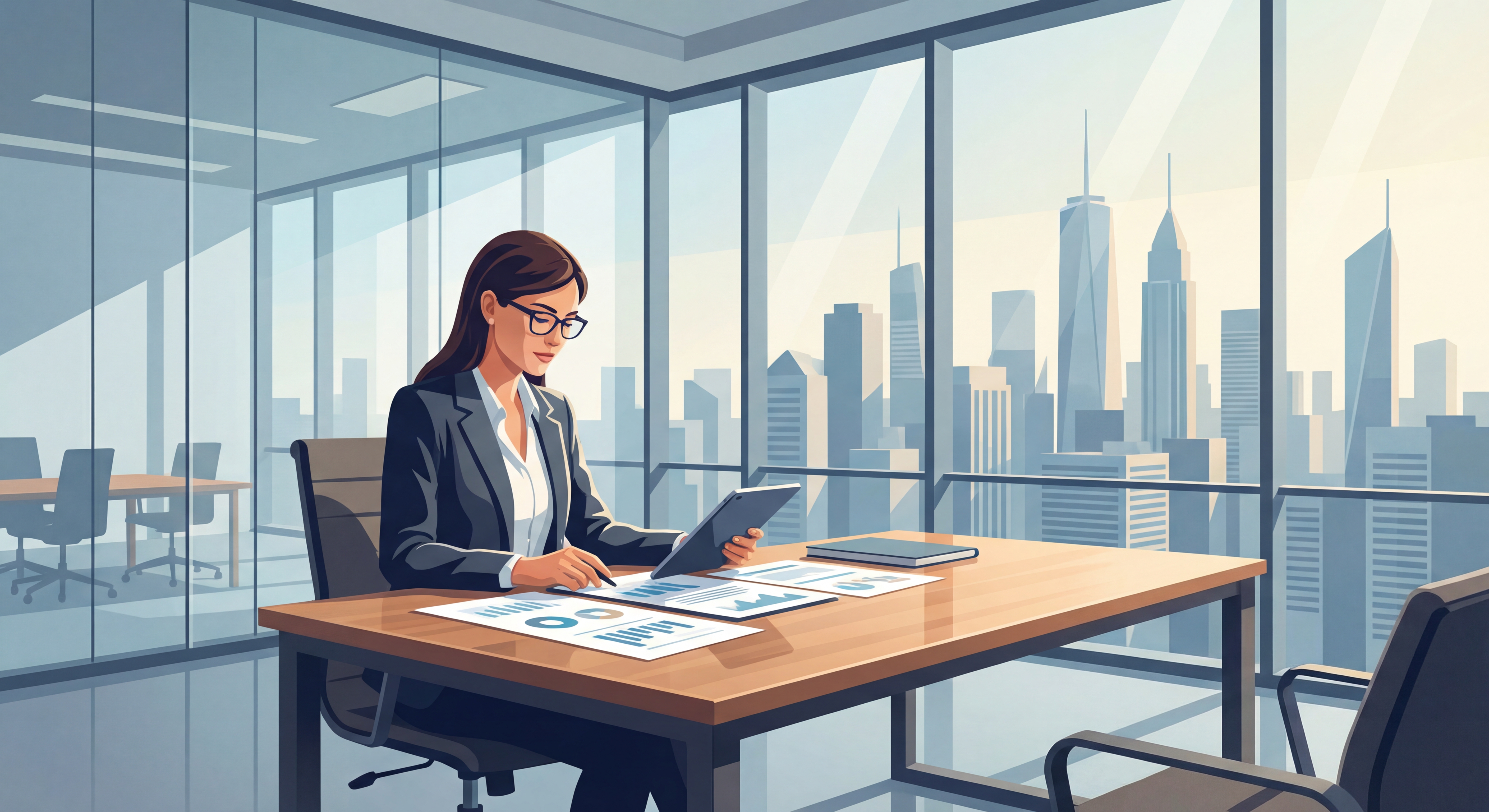 Professionnel de l'immobilier consultant des documents dans un bureau moderne avec vue sur la ville