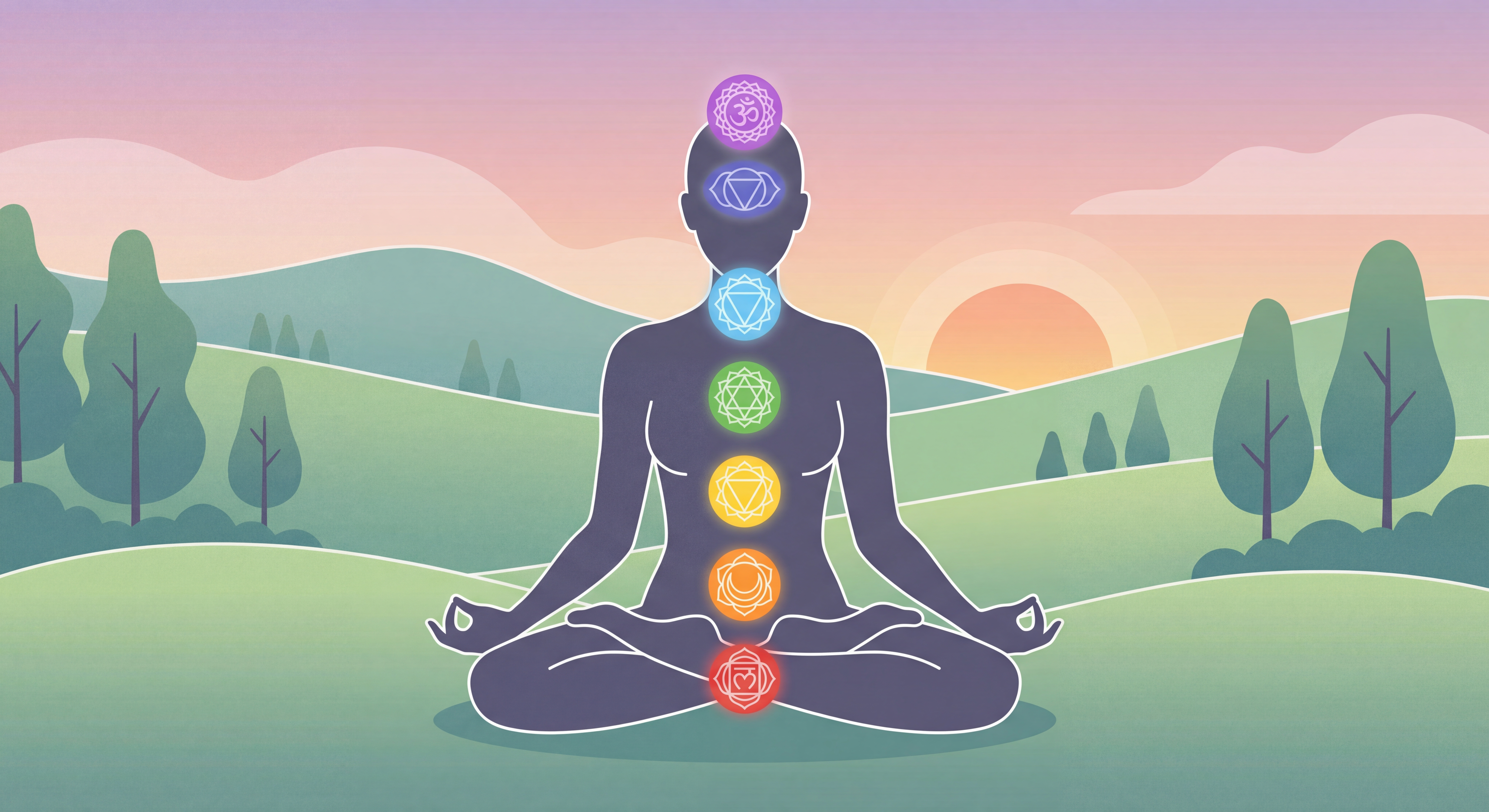 Silhouette en méditation dans la nature avec des chakras colorés alignés le long de la colonne vertébral pour cultiver la sérénité et l'art du lâcher prise avec le stoïcisme