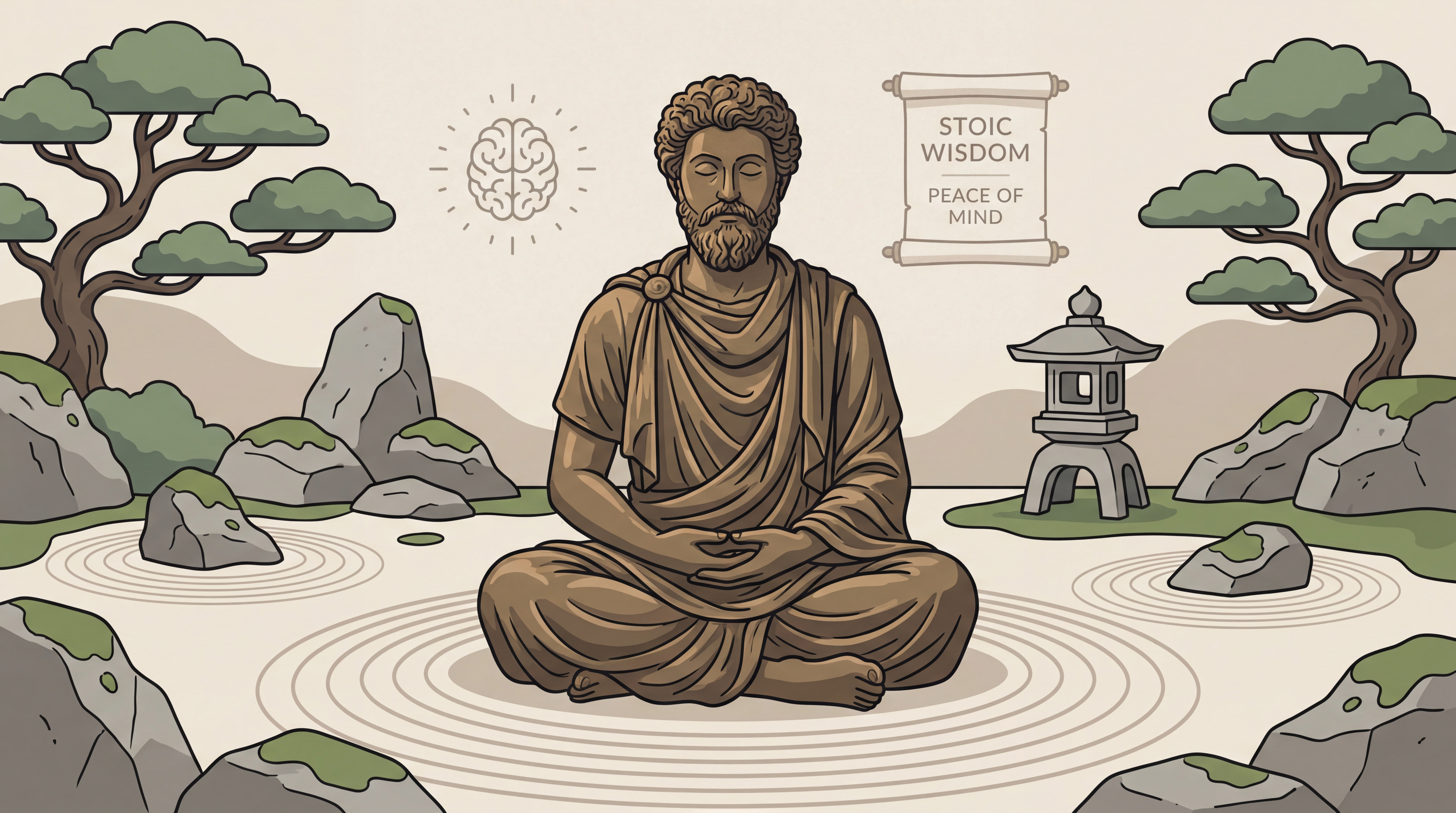 Statue de Marc Aurèle méditant dans un jardin zen, symbolisant comment cultiver la sérénité et l'art du lâcher prise par le stoïcisme