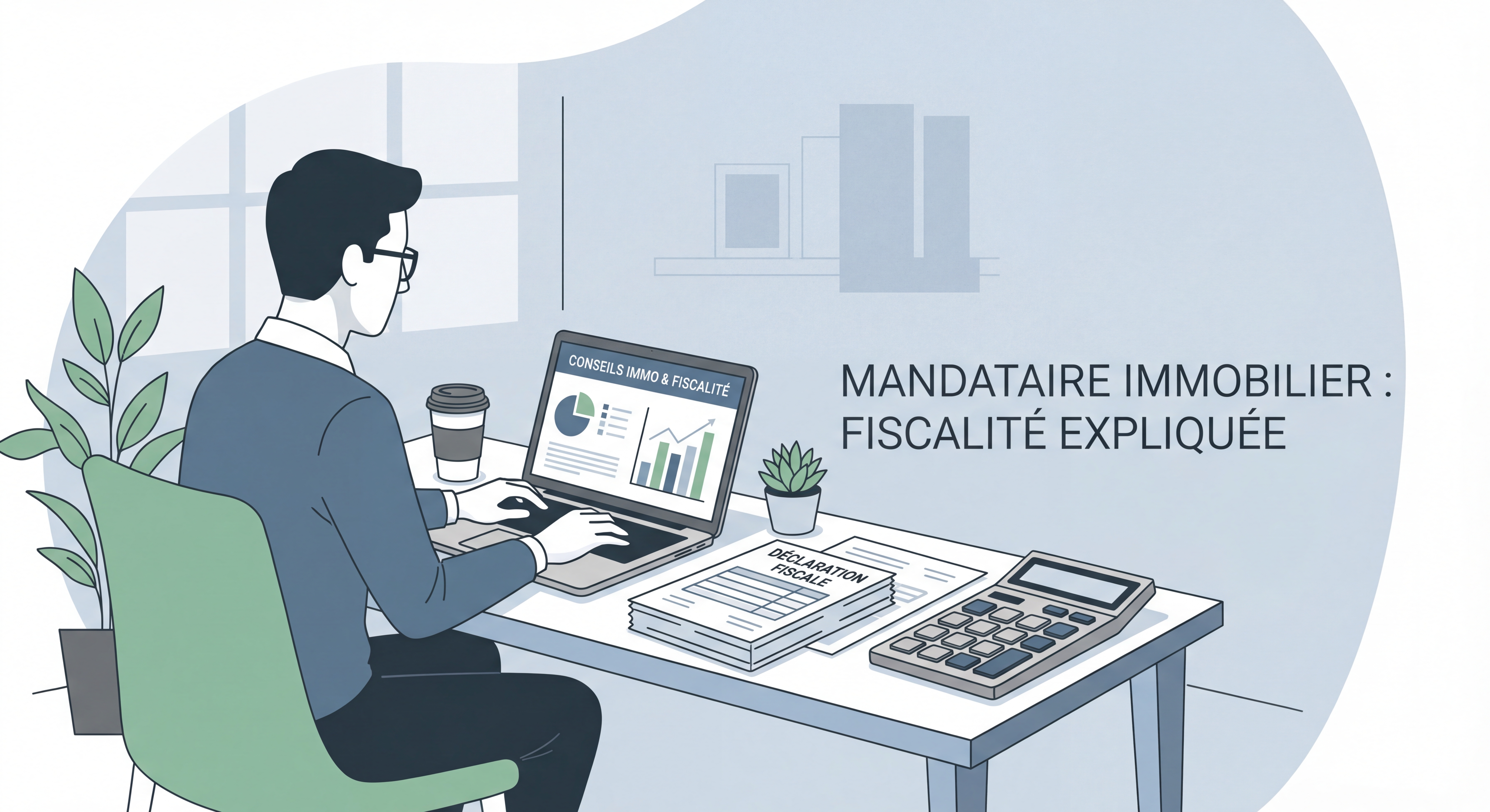 Mandataire immobilier travaillant sur son ordinateur avec des documents fiscaux et calculatrice