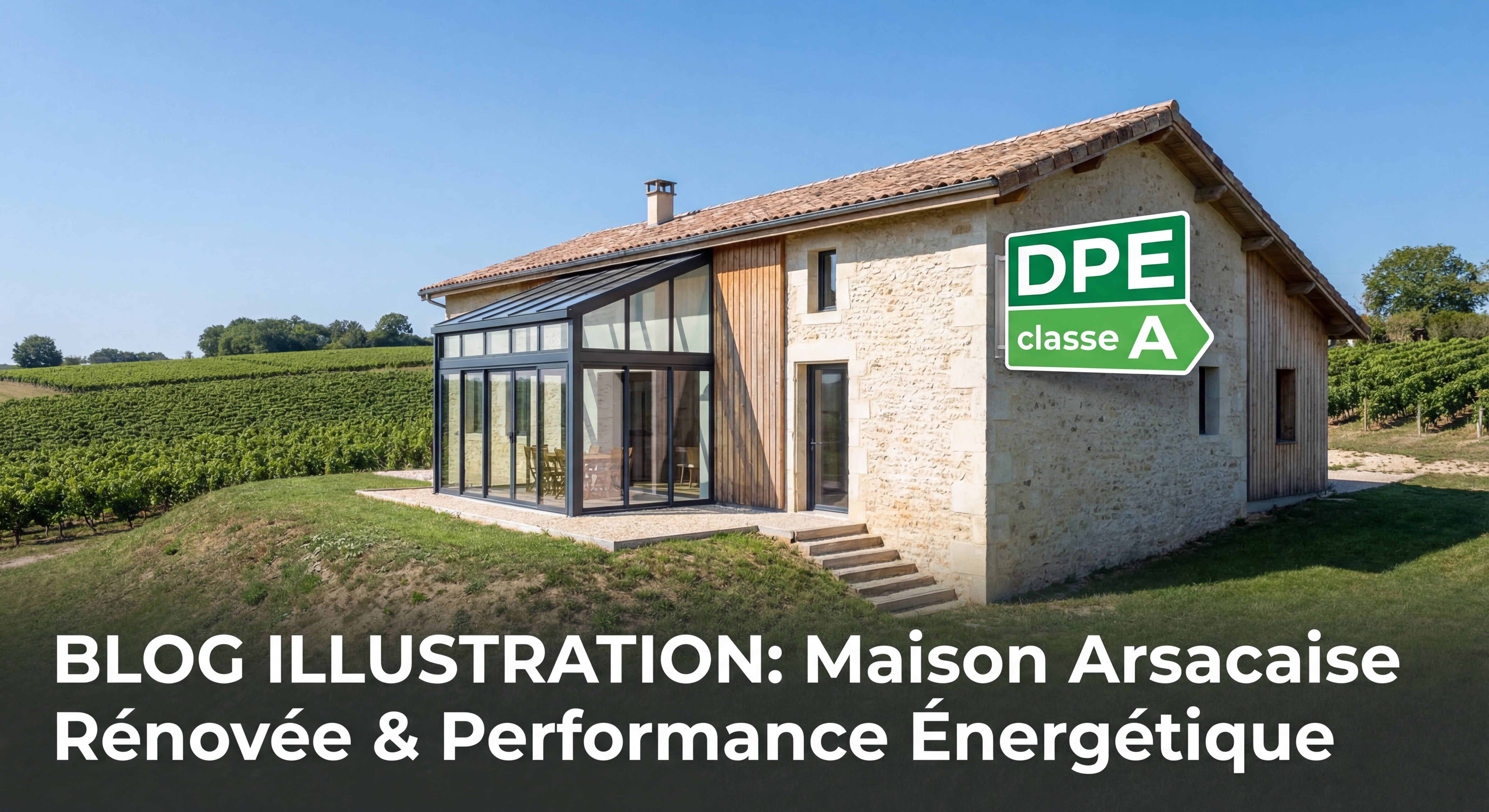 Maison arsacaise rénovée avec panneau DPE classe A, vue d'ensemble architecturale moderne dans le paysage viticole du Médoc