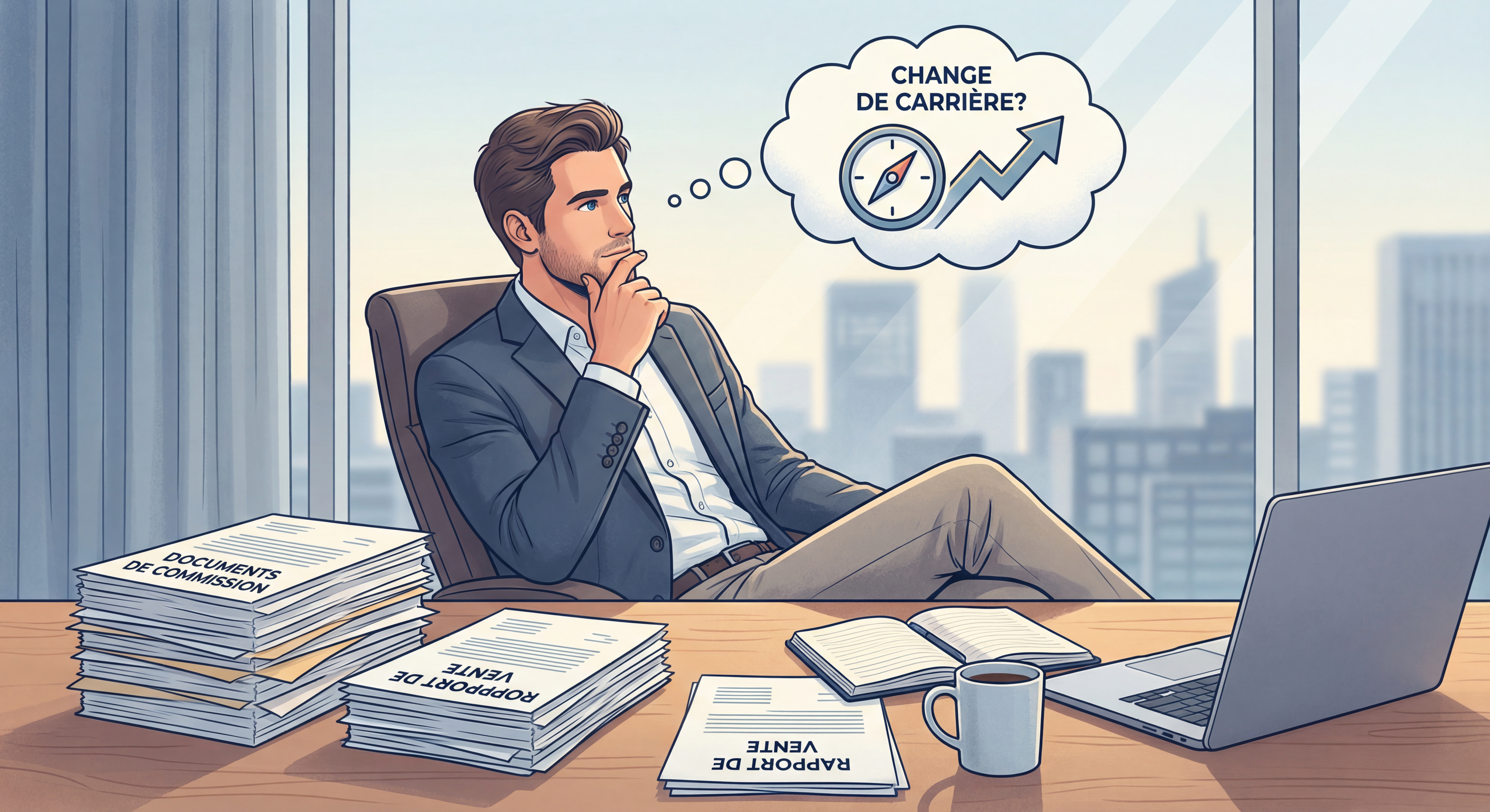 Agent immobilier réfléchissant devant un bureau avec des documents de commission, symbolisant la décision de changer de carrière