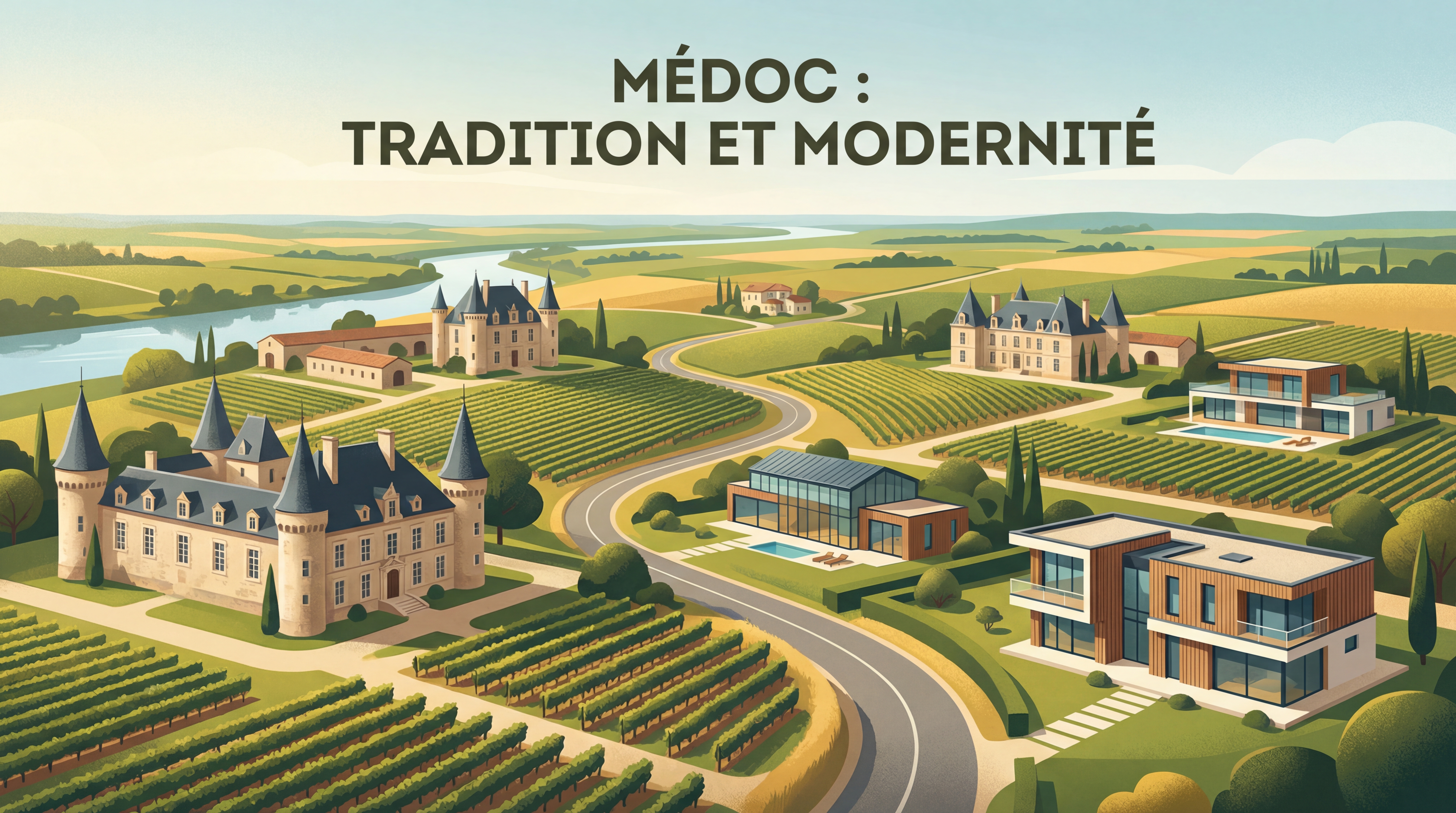 Vue panoramique du vignoble médocain avec châteaux viticoles et habitations modernes, illustrant l'harmonie entre tradition et résidentiel