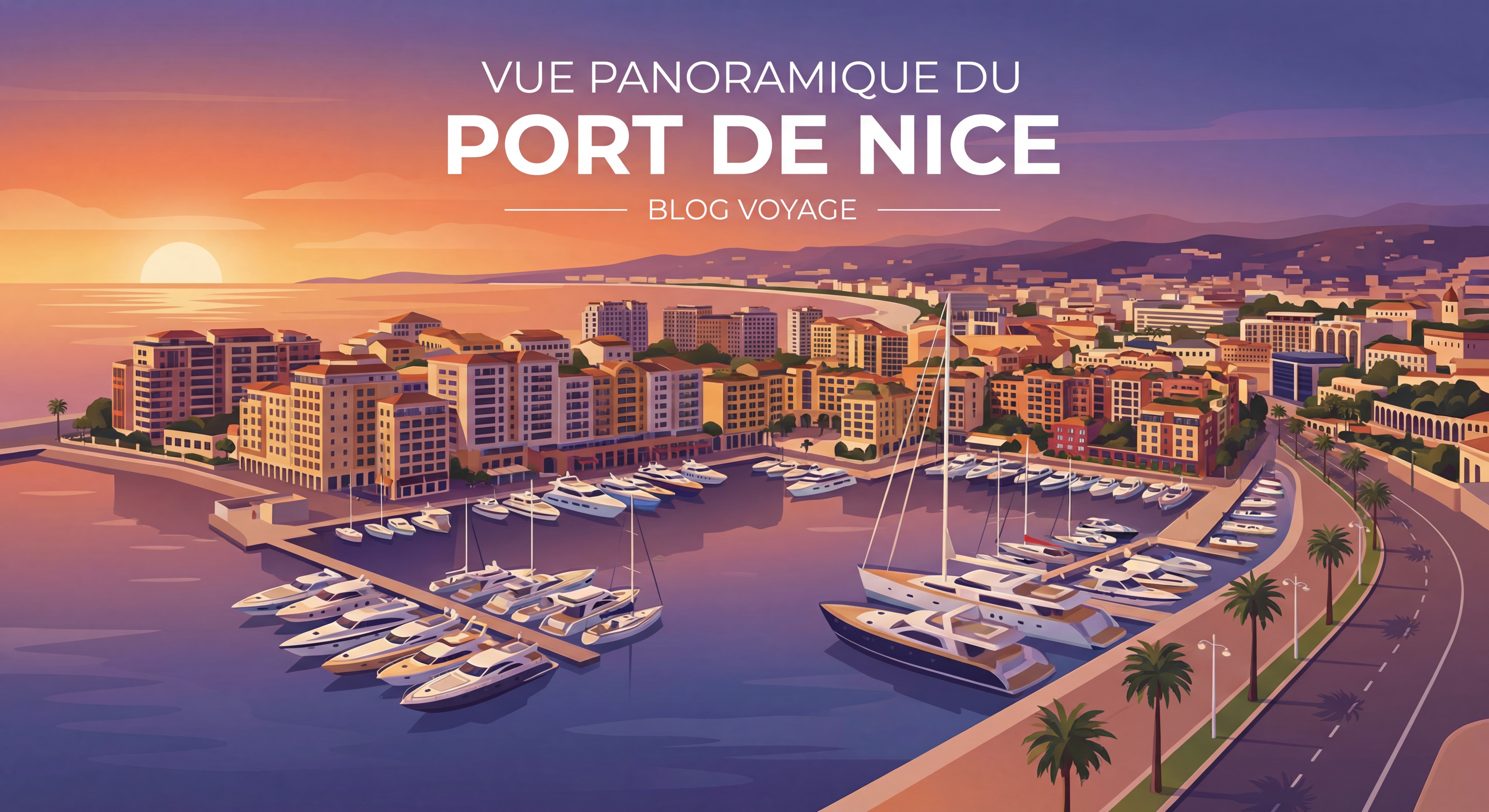 Vue panoramique du port de Nice avec les résidences de luxe et le bassin Lympia au coucher du soleil