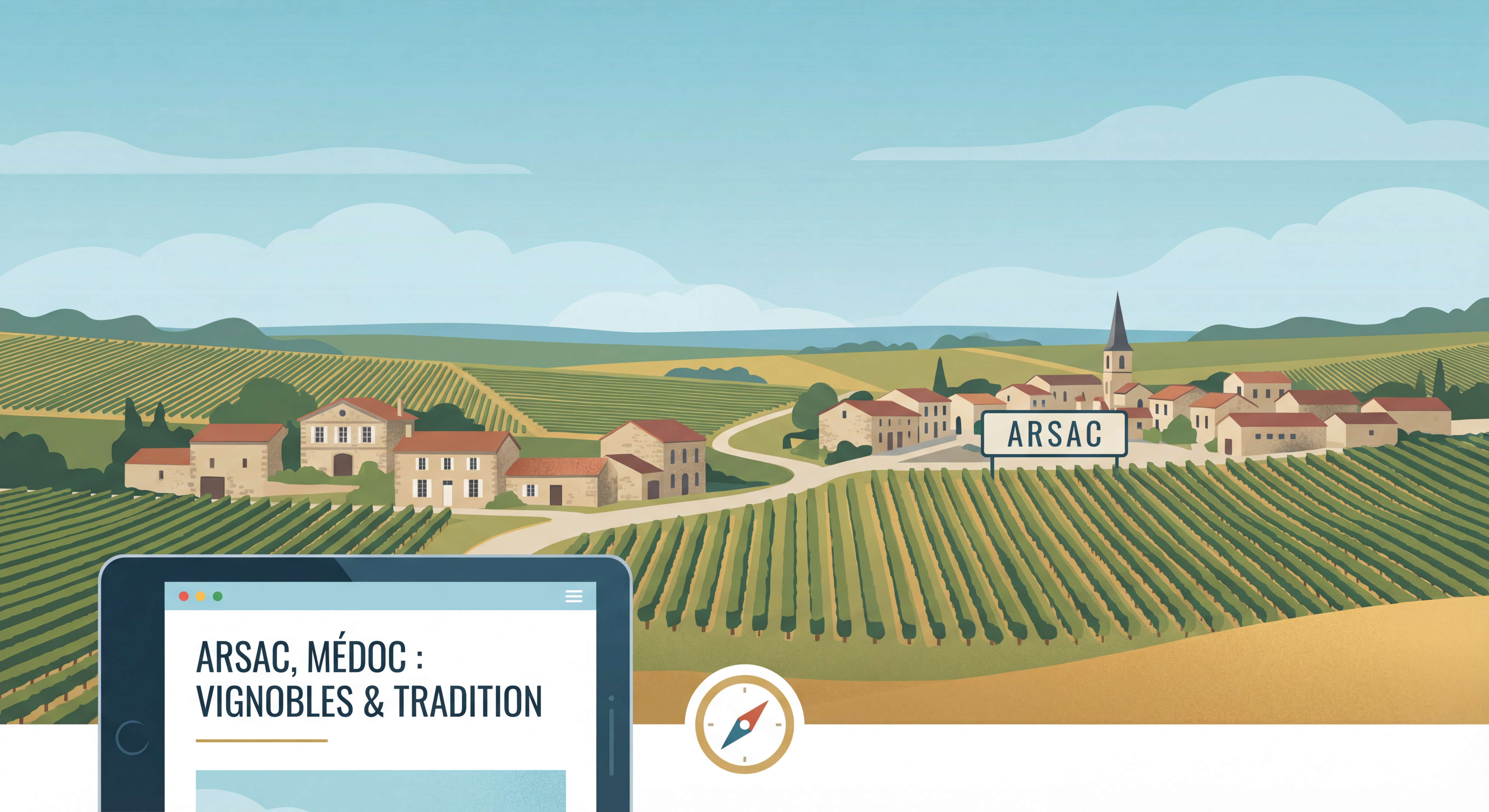 Vue panoramique d'Arsac avec ses vignobles et maisons traditionnelles du Médoc