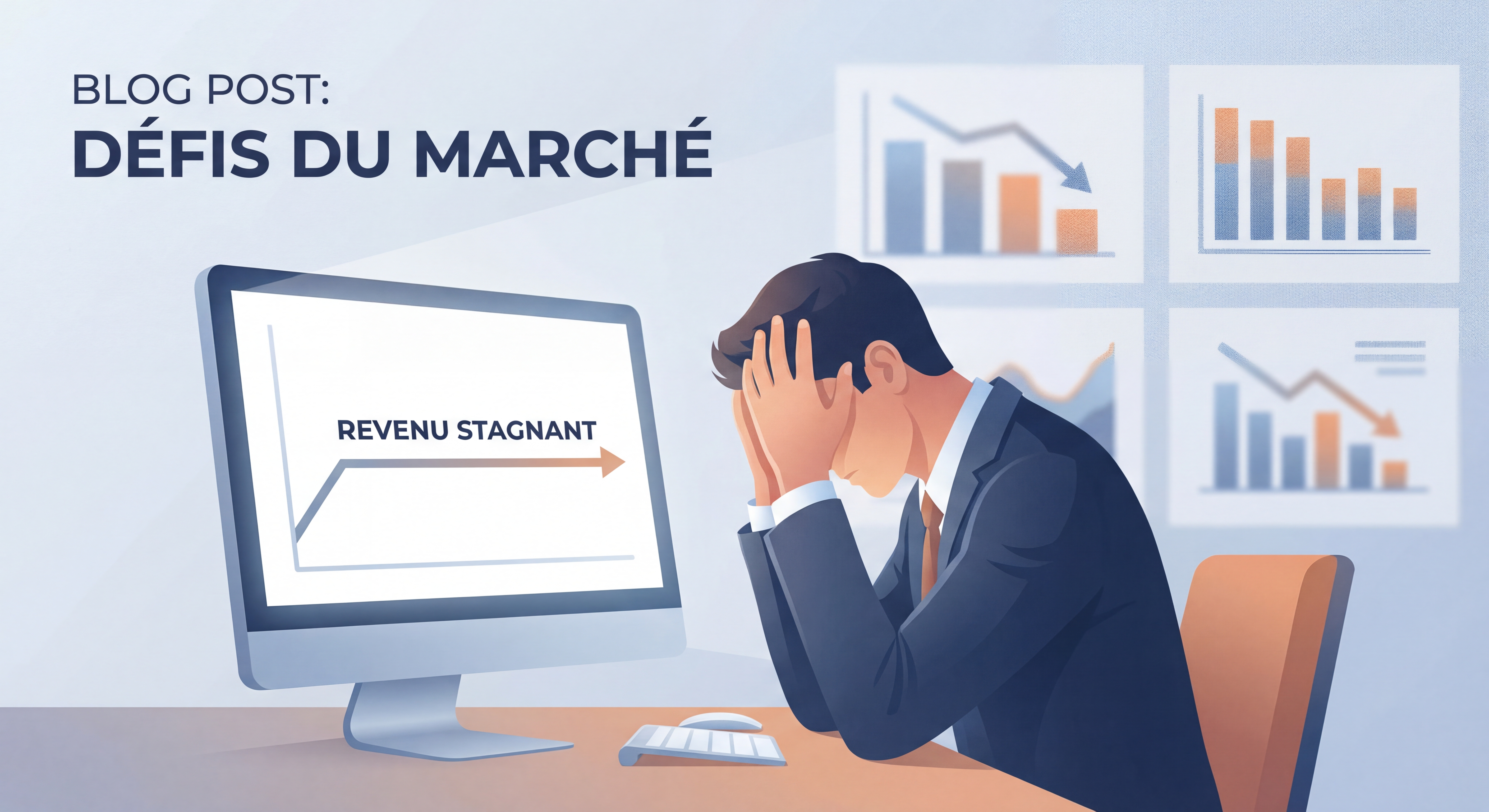 Agent immobilier frustré devant son ordinateur avec des graphiques de revenus stagnants en arrière-plan