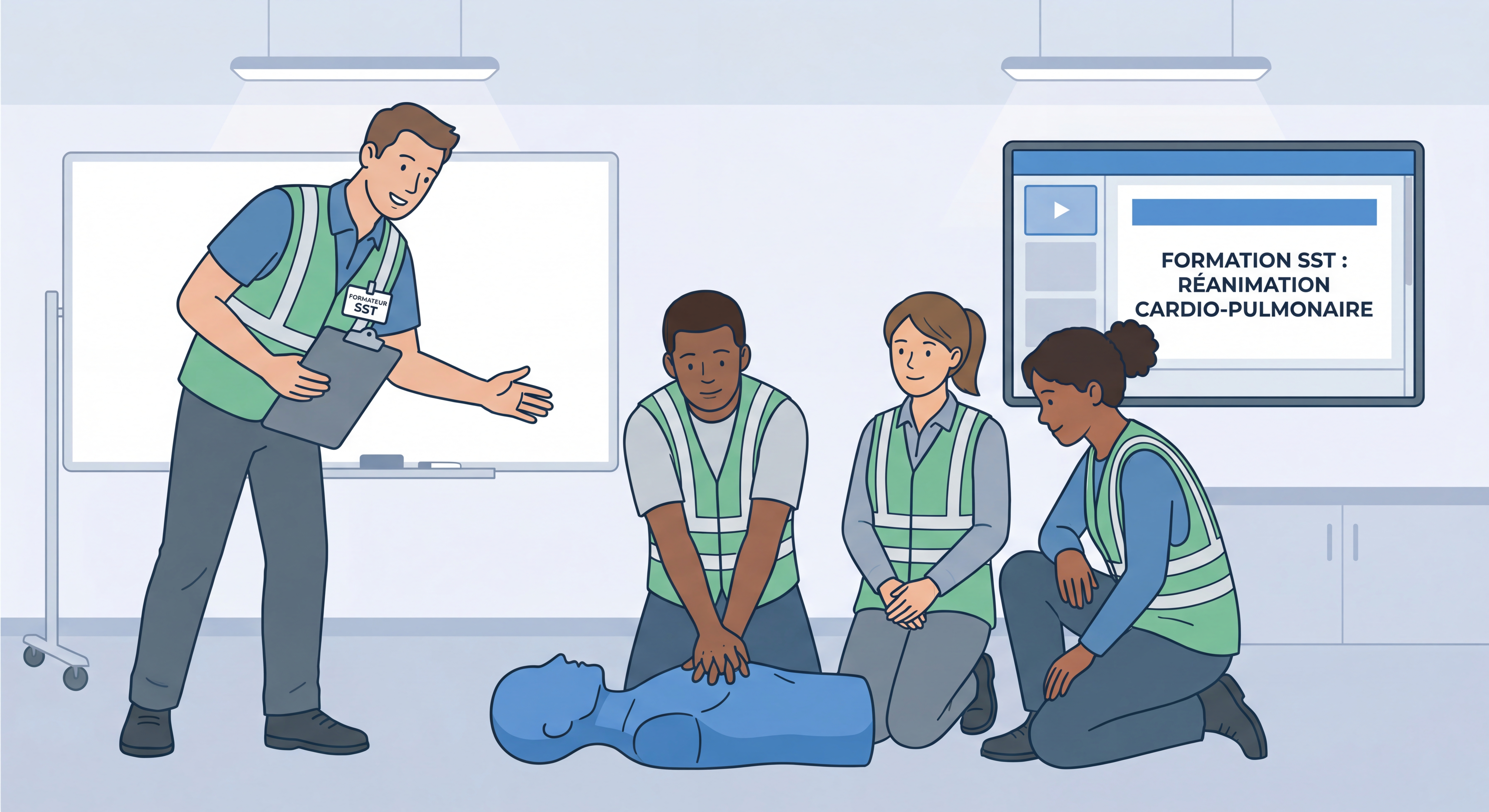 Session de formation SST avec participants pratiquant la réanimation cardio-pulmonaire sur mannequin sous supervision d'un formateur expert