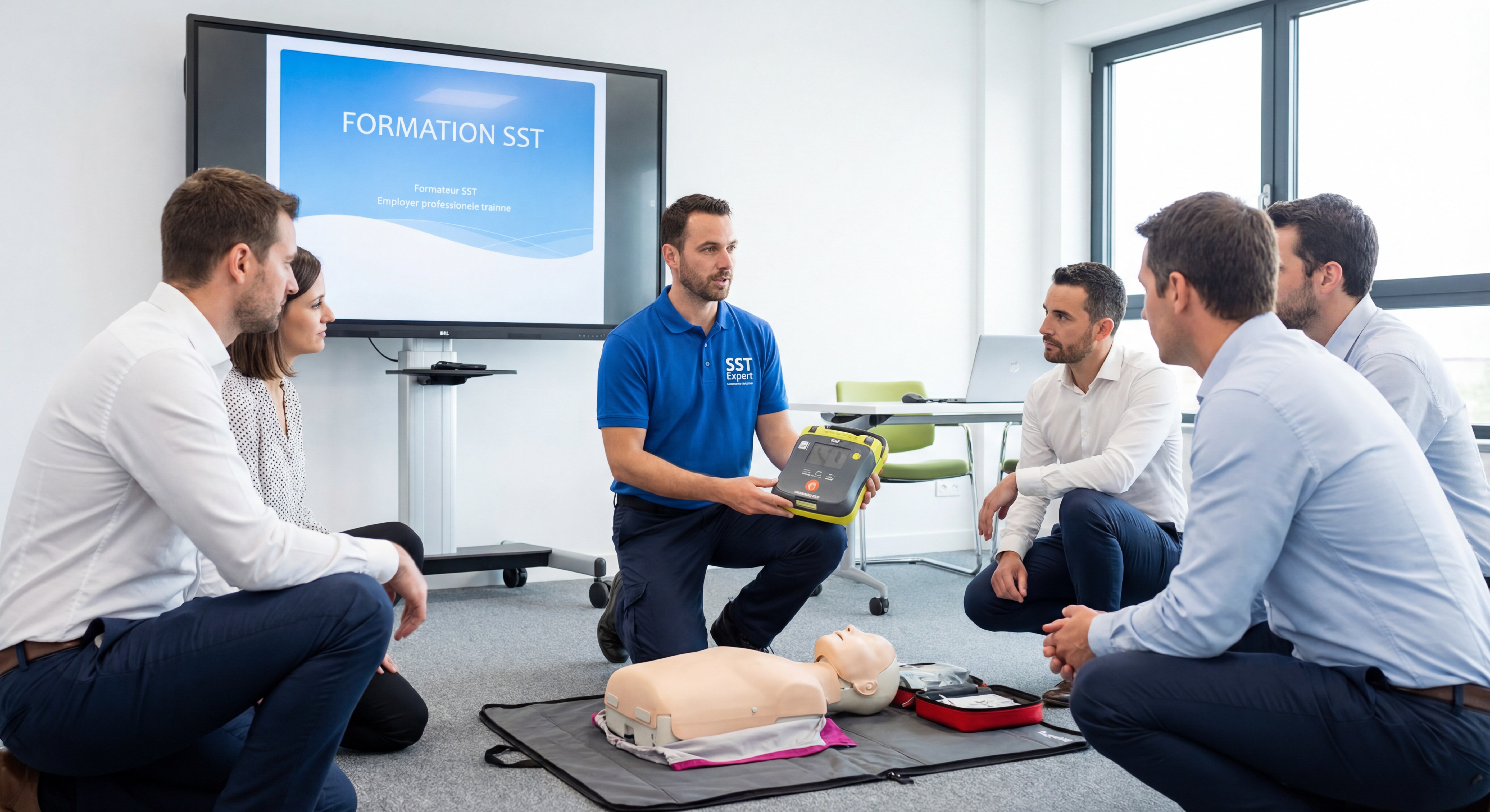 Formateur SST expert en action lors d'une formation pratique avec mannequin de secourisme et défibrillateur dans un cadre professionnel
