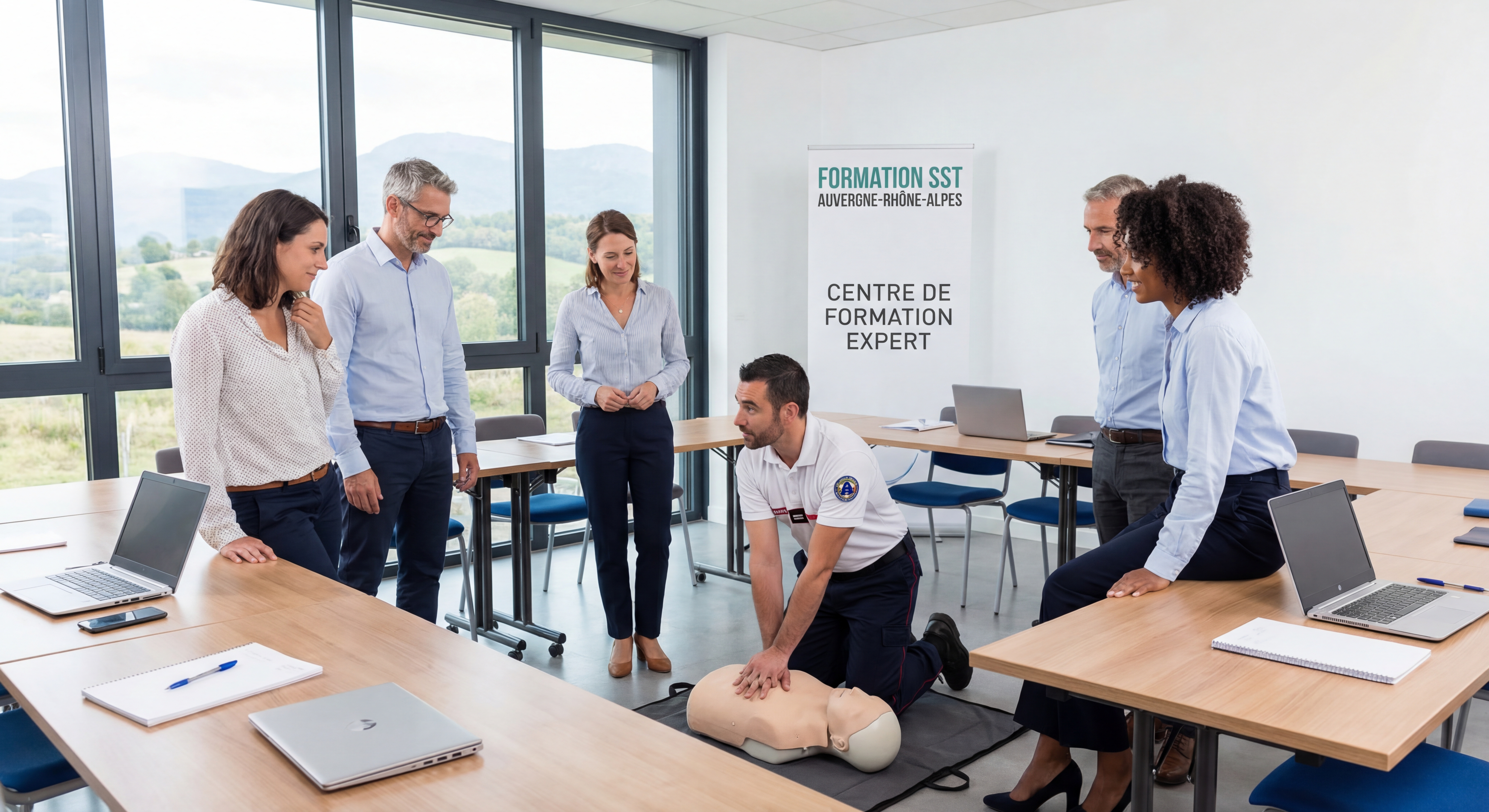 Formation SST en groupe dans un centre de formation moderne en Auvergne-Rhône-Alpes avec formateur expert démontrant les gestes de premiers secours