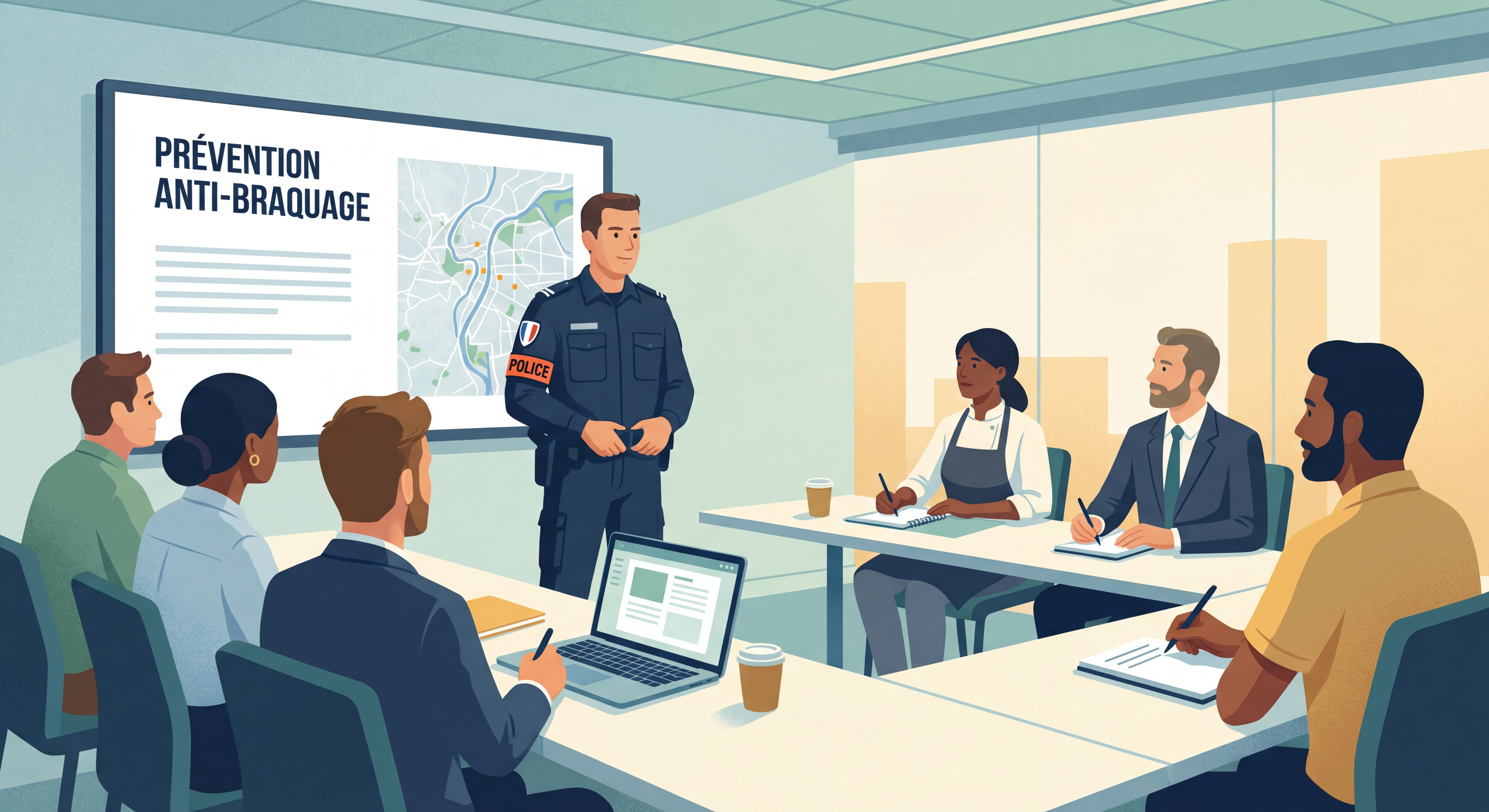 Agent de police formant des commerçants aux techniques de prévention anti-braquage dans une salle de formation à Lyon