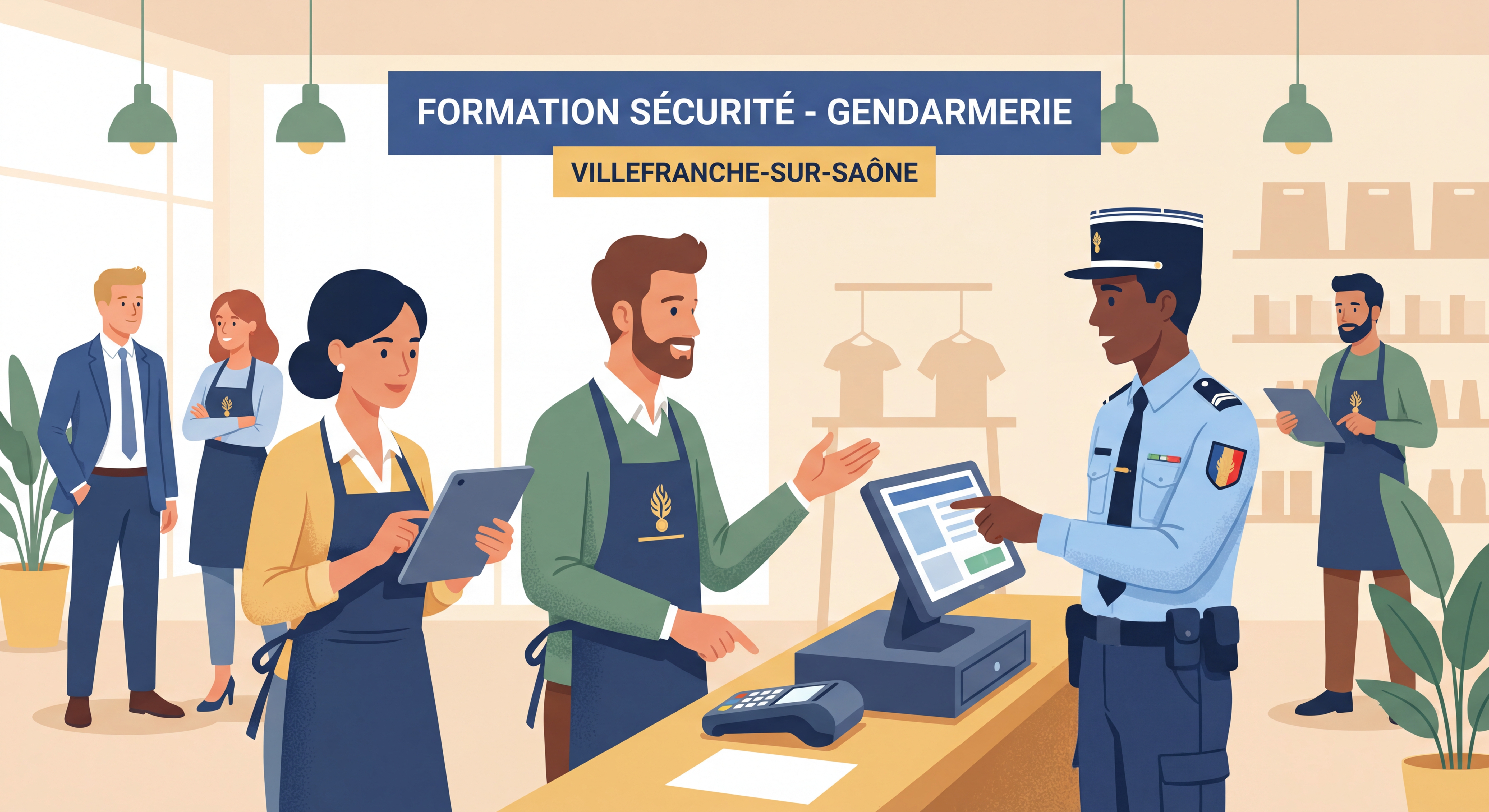Commerçants participant à une formation pratique avec un gendarme dans un magasin à Villefranche-sur-Saône