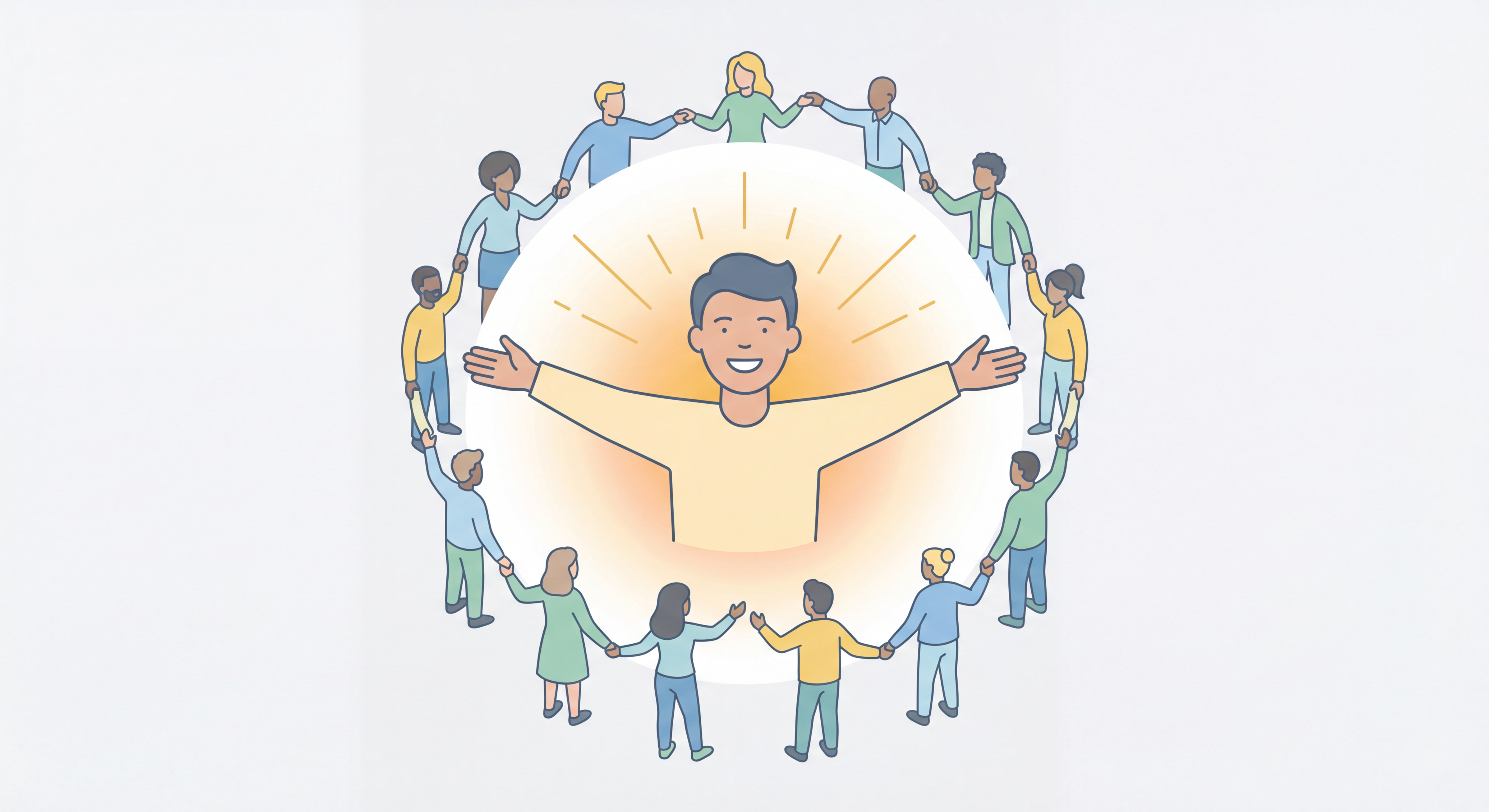 Personne rayonnante de joie et de confiance, entourée d'un cercle de relations harmonieuses pour se transformer et se reconnecter à soi