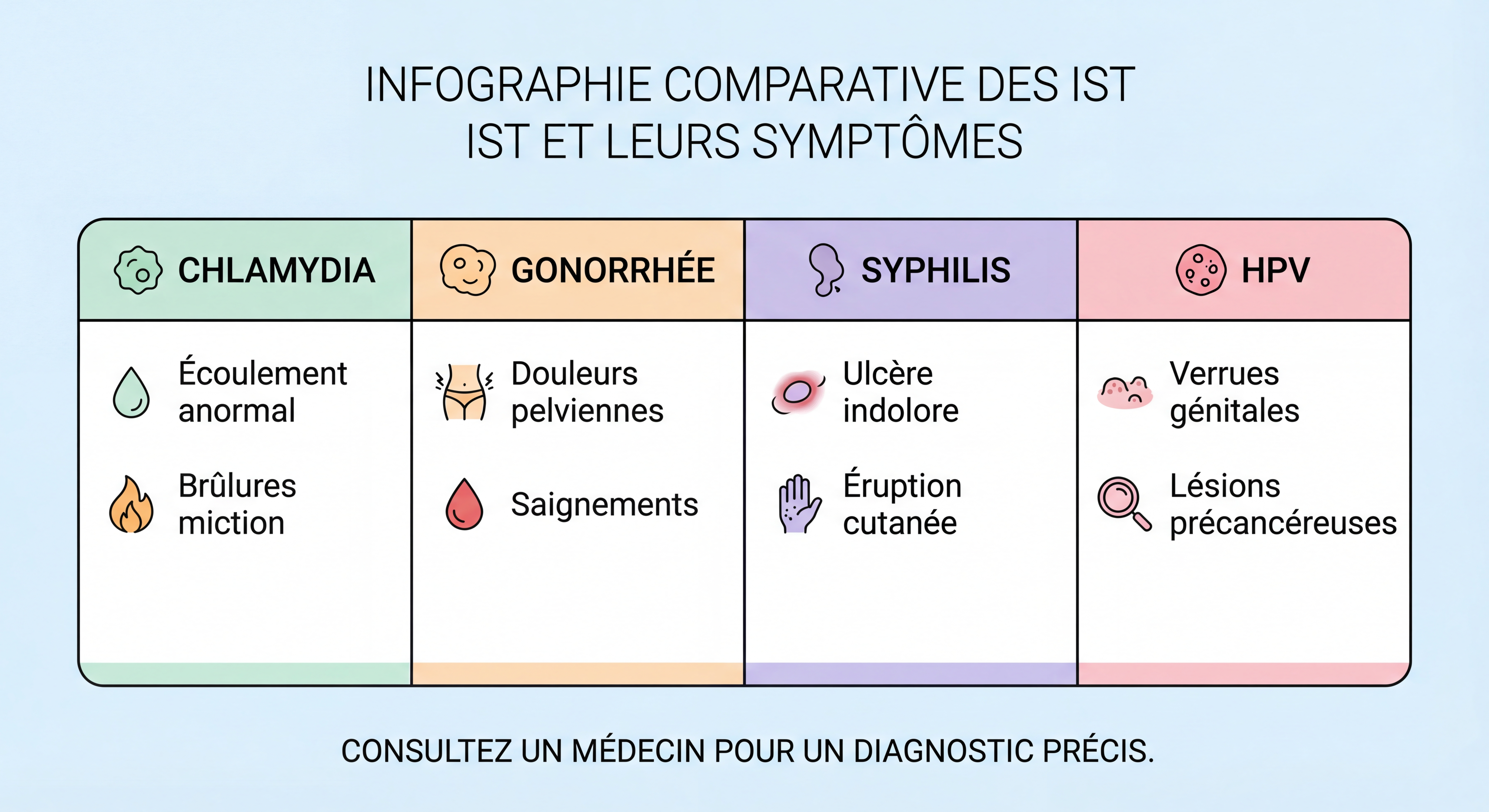 Infographie comparative des principales IST avec leurs symptômes caractéristiques